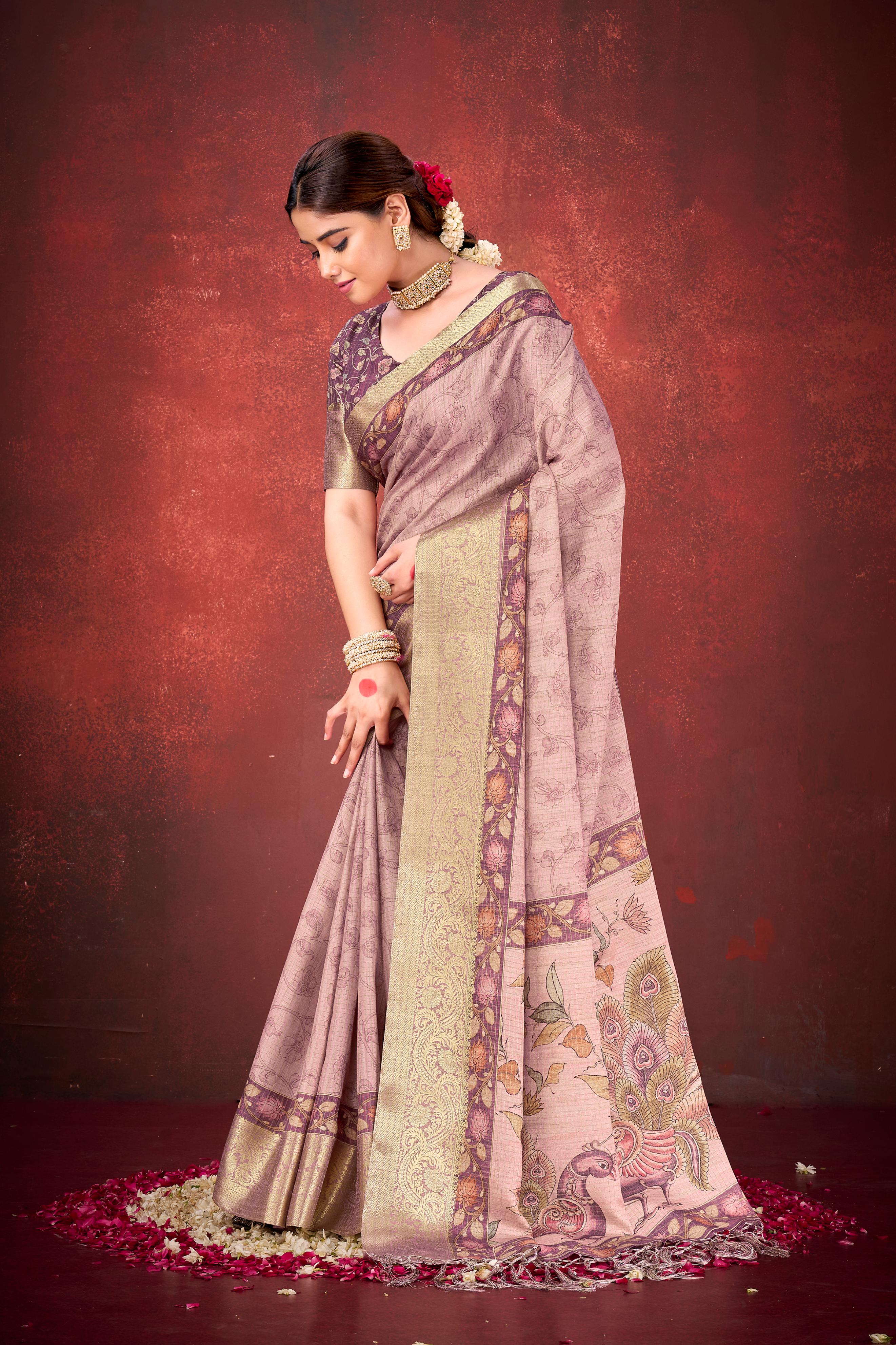 Blush Pink Cora Check Silk Printed Saree - Image 6