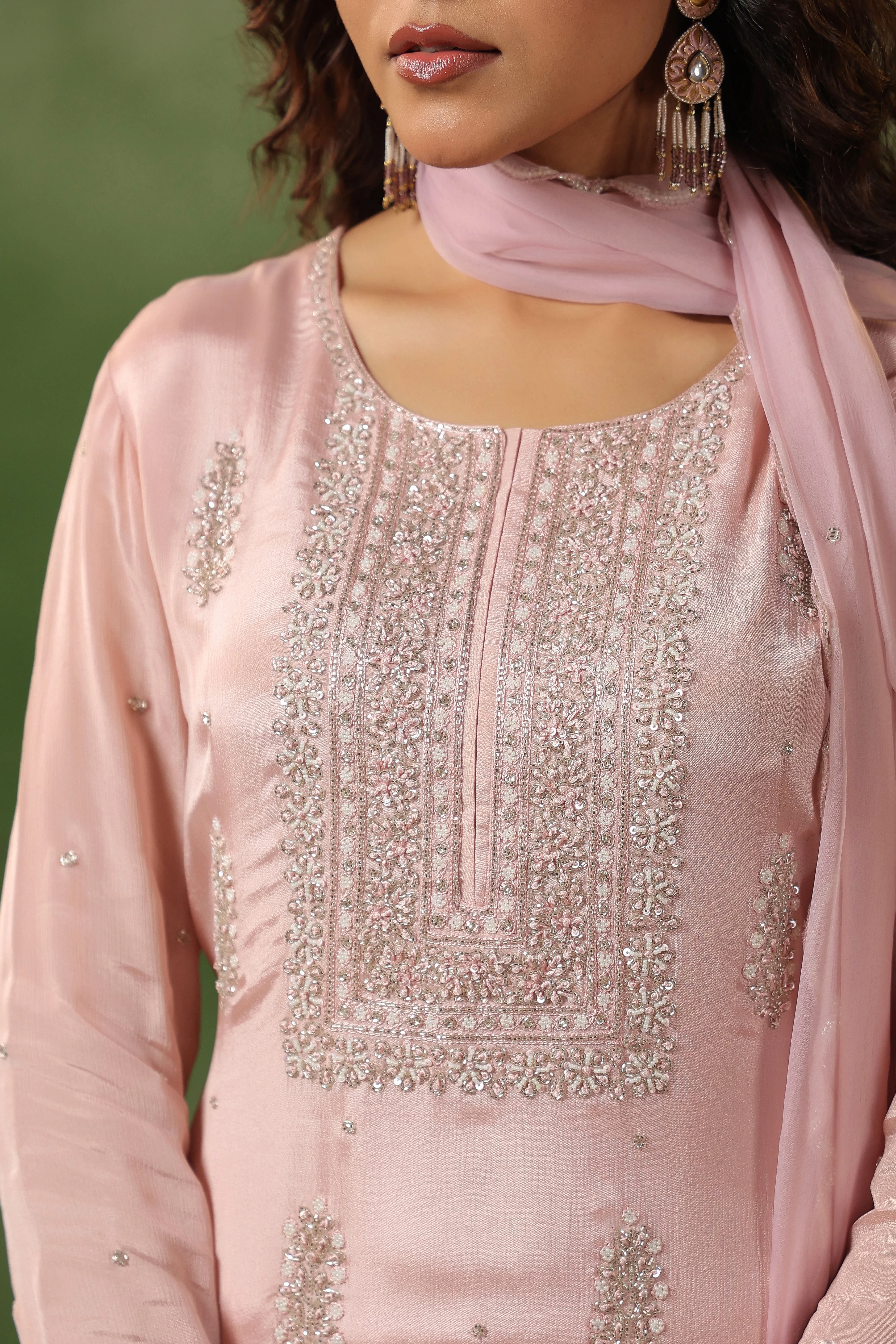 Blush Pink Embellished Chinon Silk Sharara Set - Image 2
