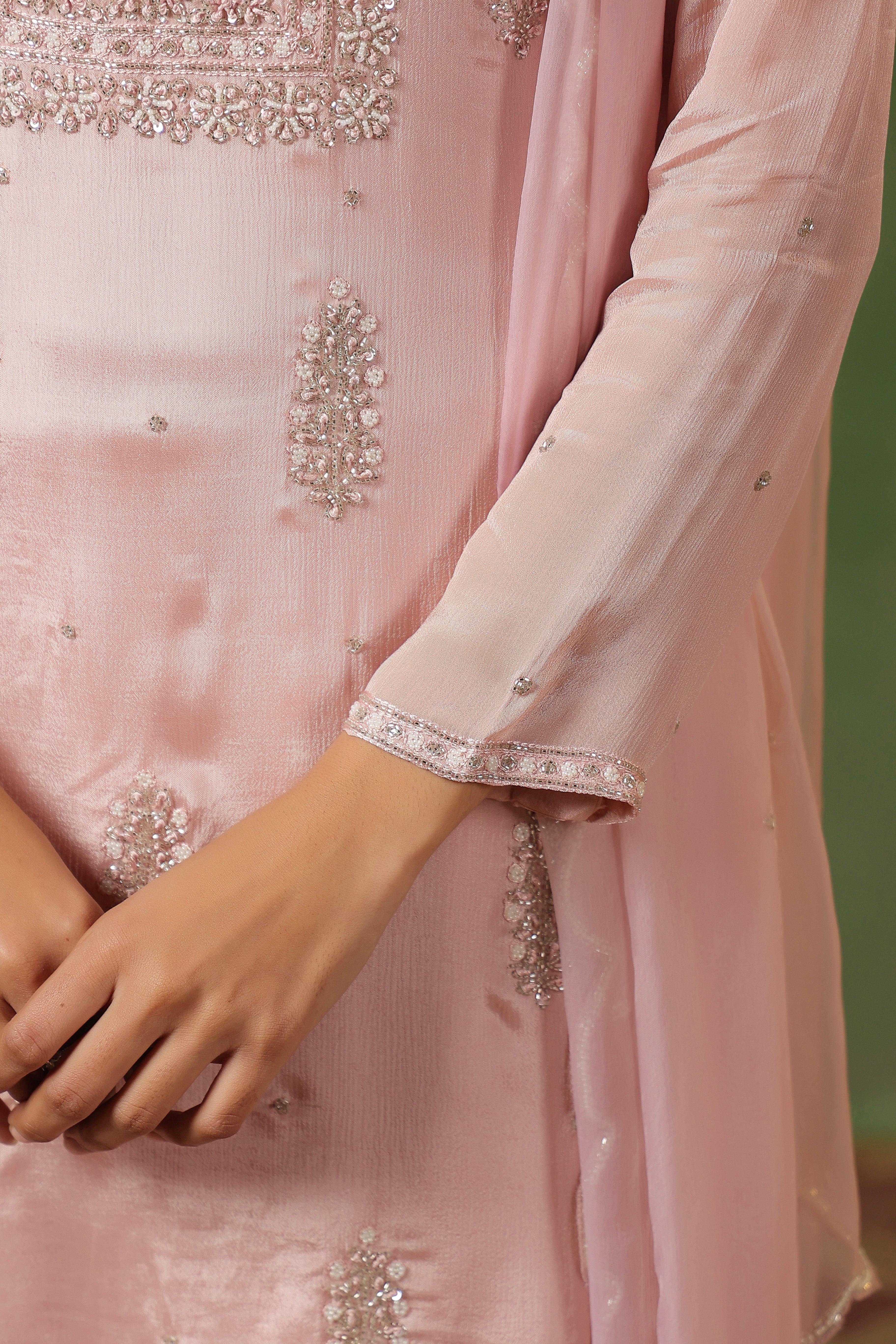 Blush Pink Embellished Chinon Silk Sharara Set - Image 3
