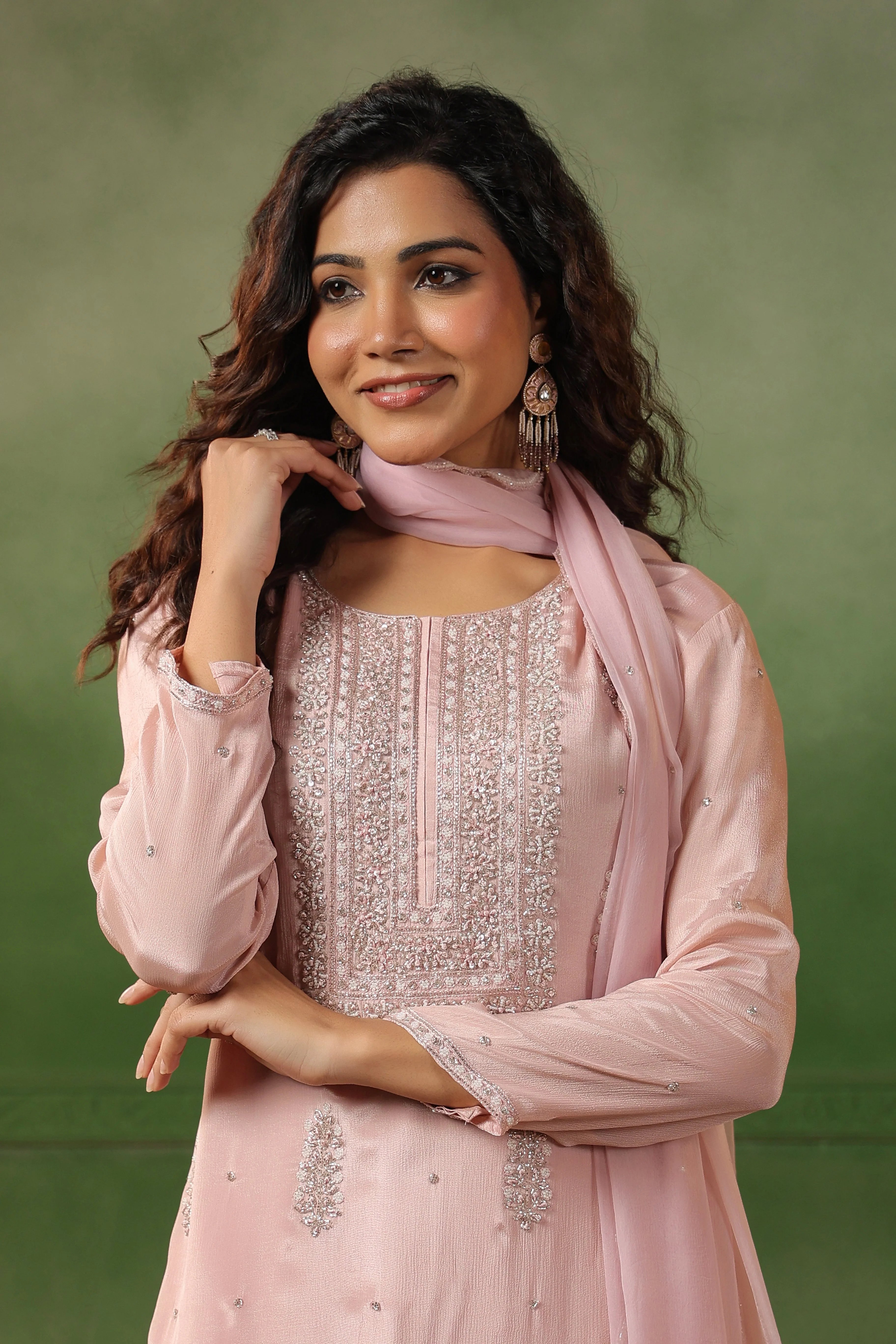 Blush Pink Embellished Chinon Silk Sharara Set - Image 4