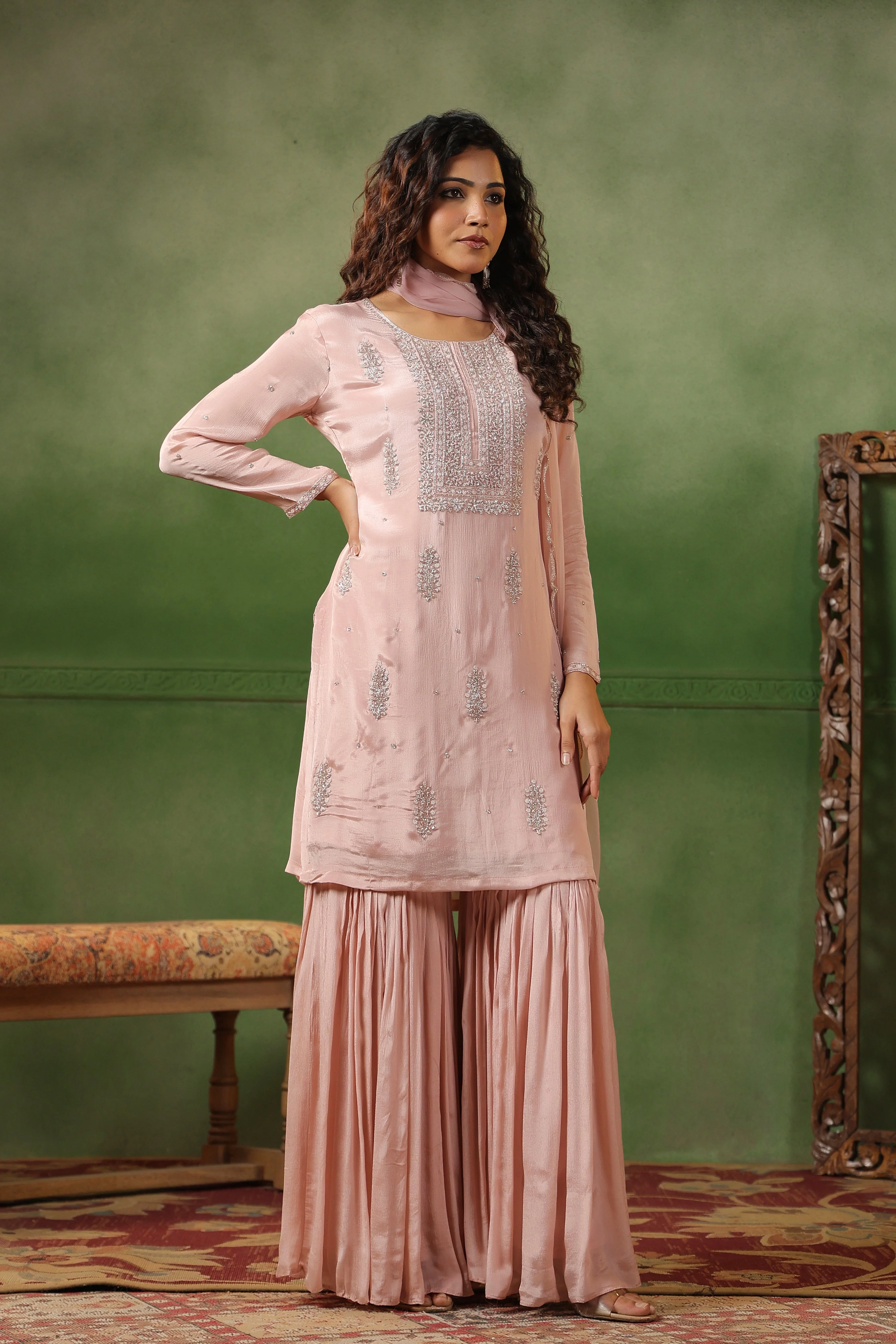 Blush Pink Embellished Chinon Silk Sharara Set - Image 5