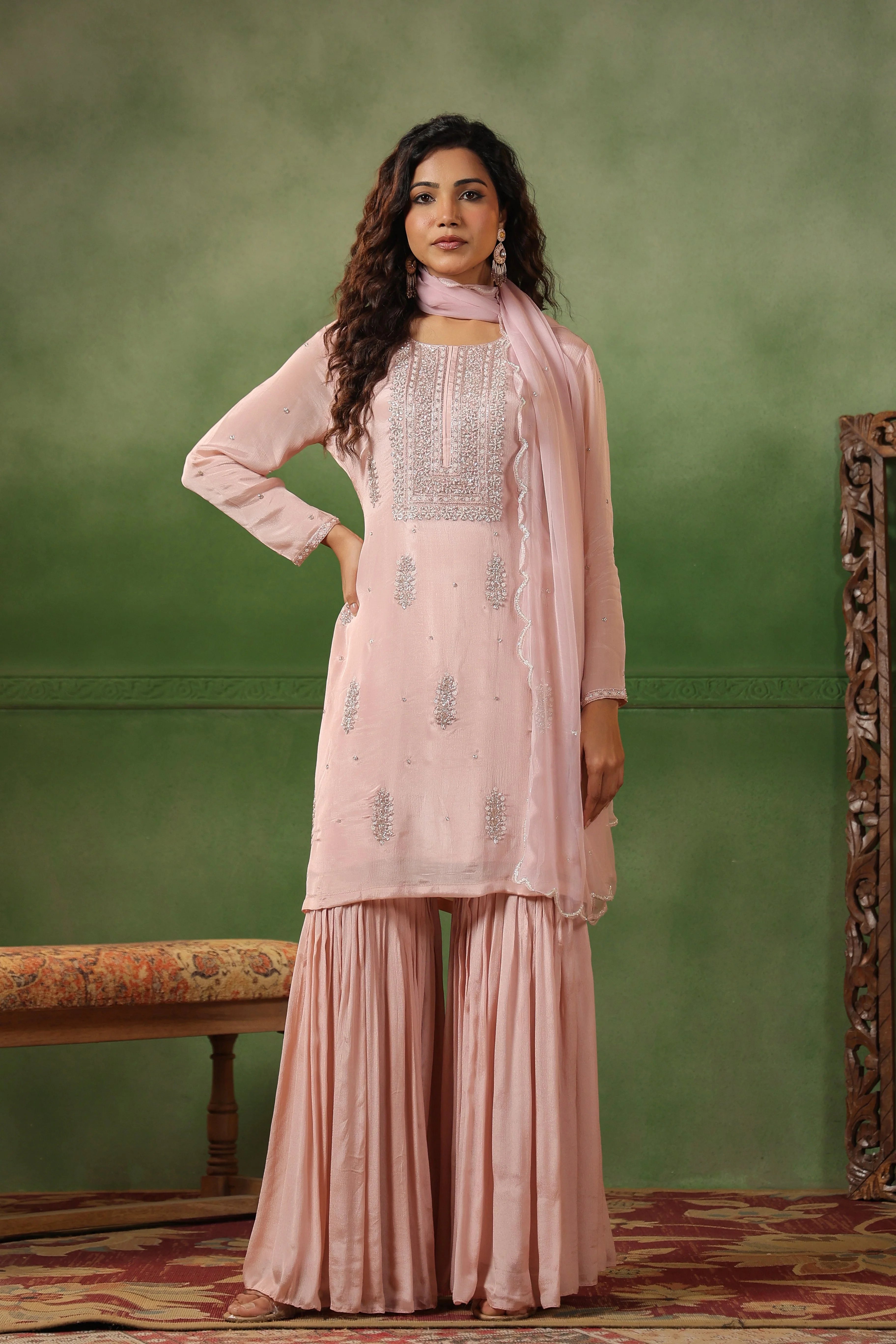 Blush Pink Embellished Chinon Silk Sharara Set - Image 6