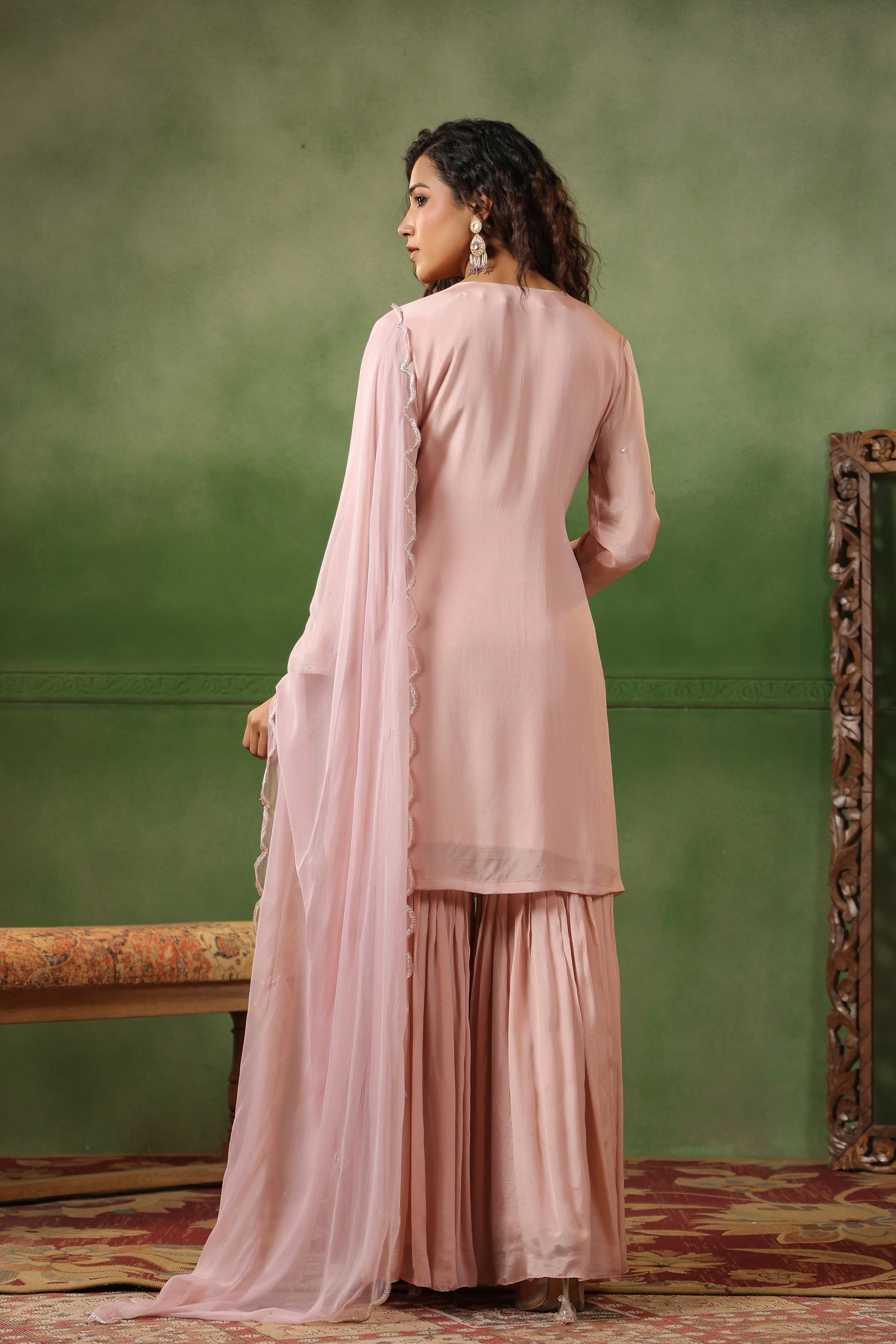 Blush Pink Embellished Chinon Silk Sharara Set - Image 7