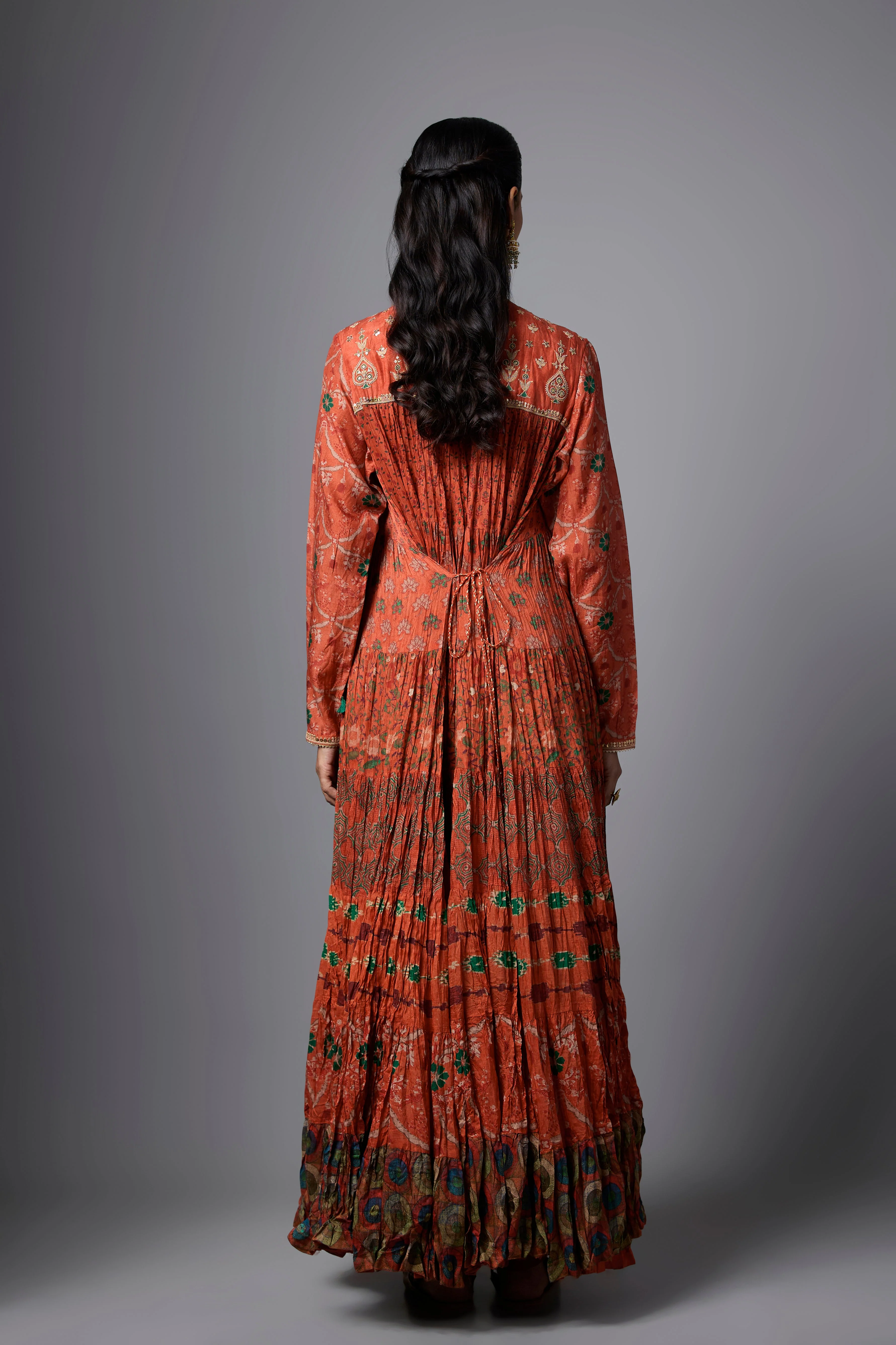 Orange Printed Cotton Linen Anarkali Set - Image 3