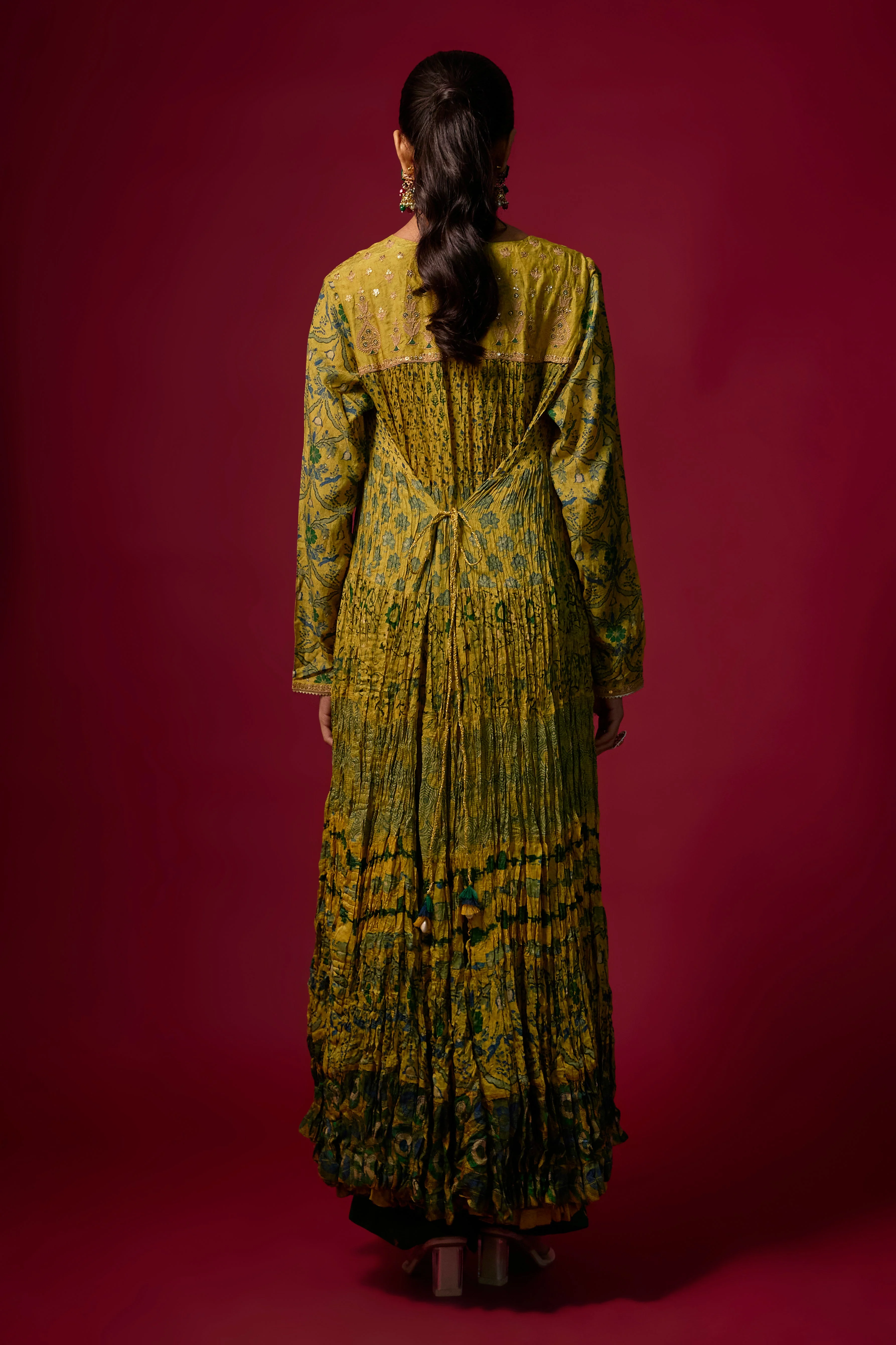 Mustard Yellow Printed Cotton Linen Anarkali Set - Image 3