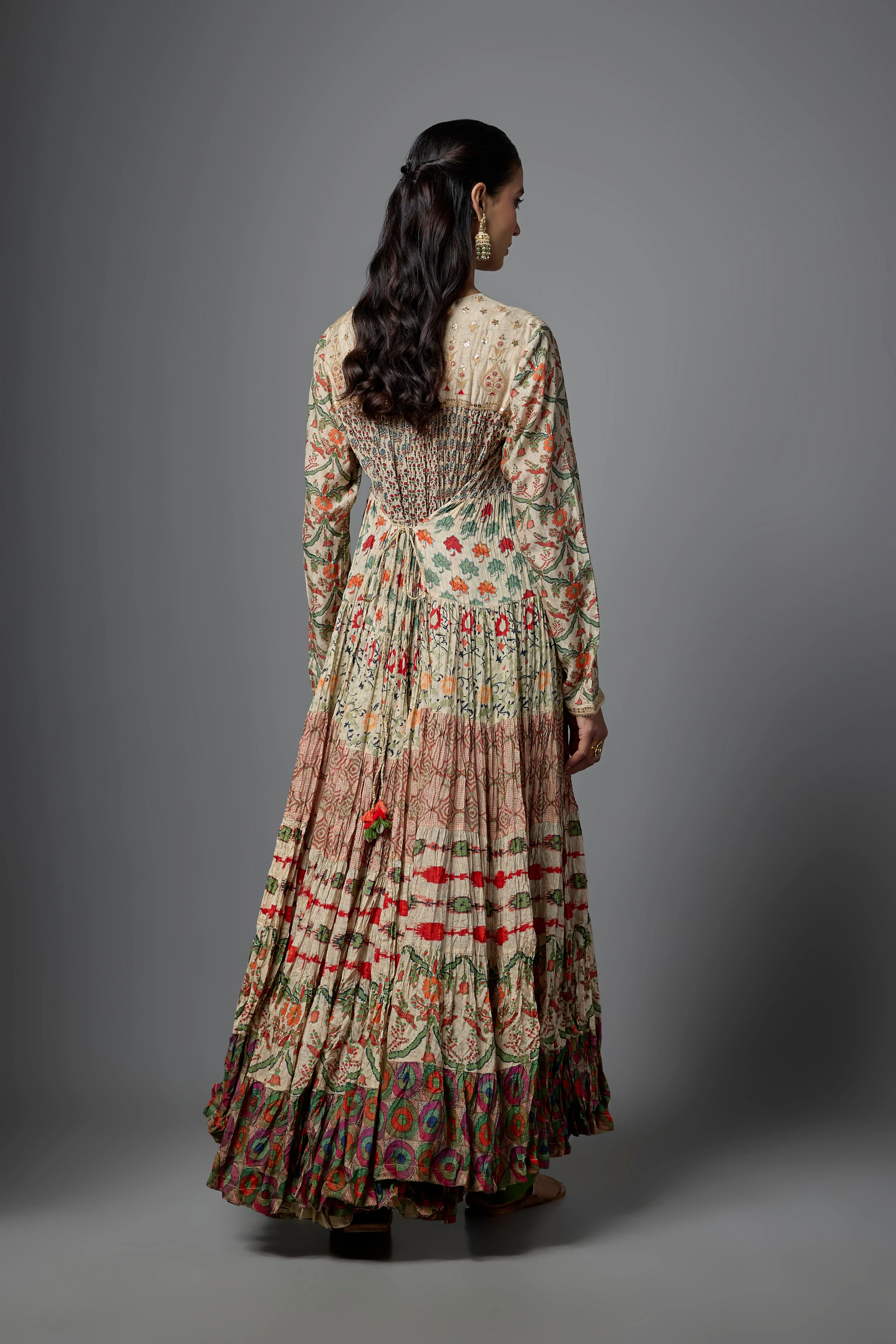 Ivory Printed Cotton Linen Anarkali Set - Image 3