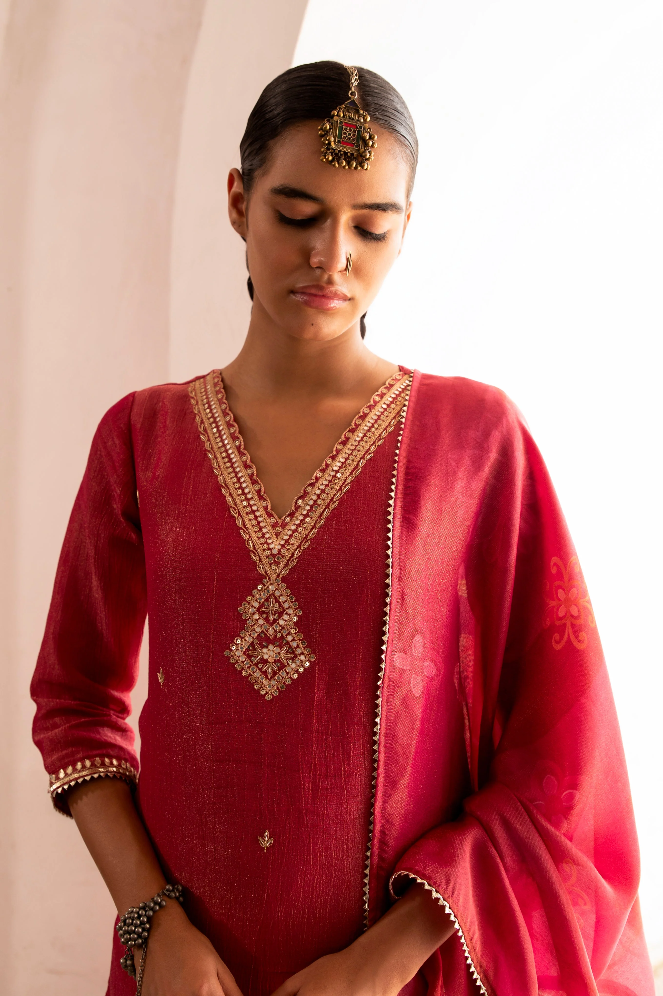 Blush Pink Embellished Crushed Tissue Silk Pant Set - Image 2