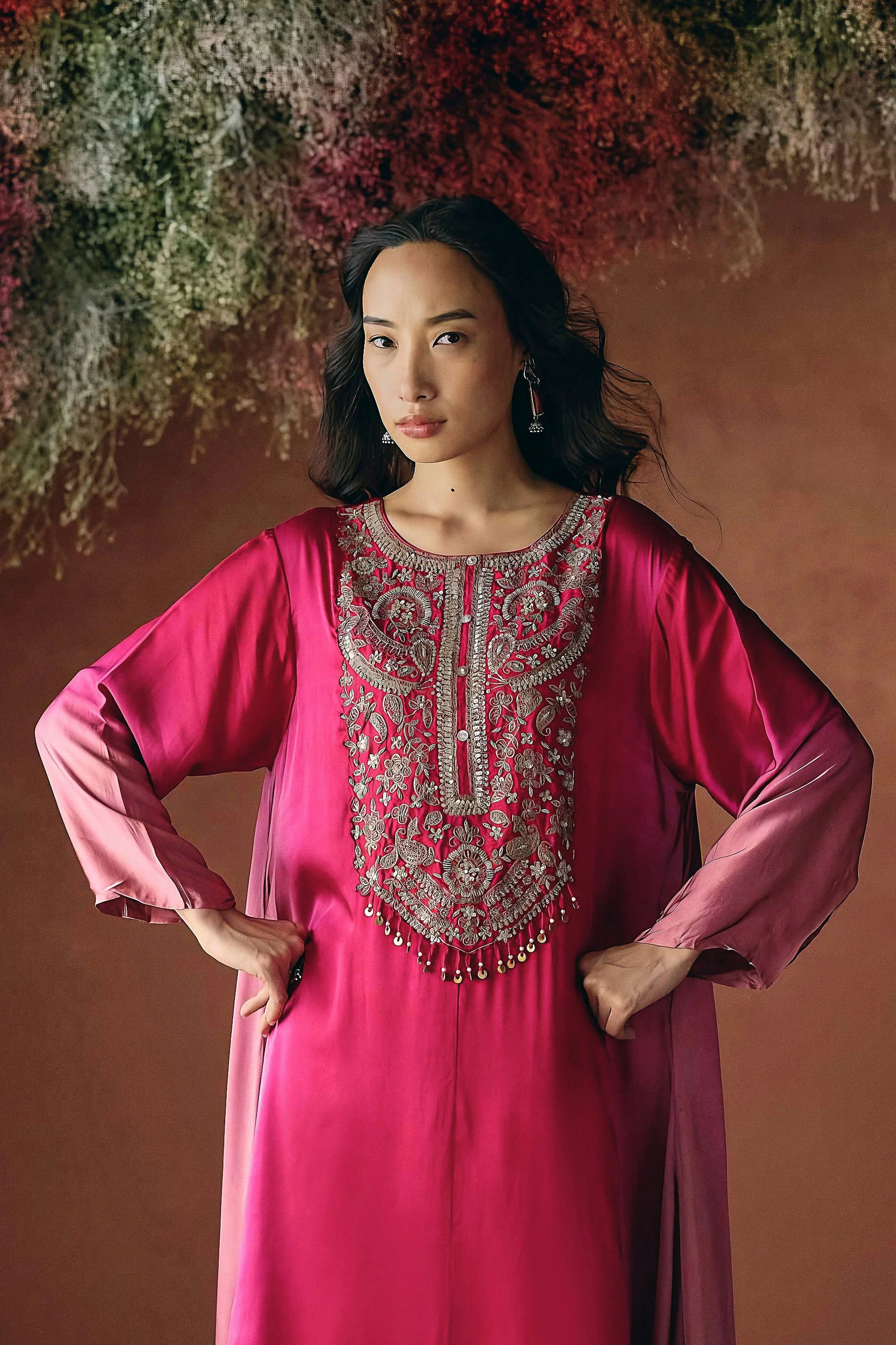 Blush Pink Embellished Satin Silk Kurta Set - Image 3