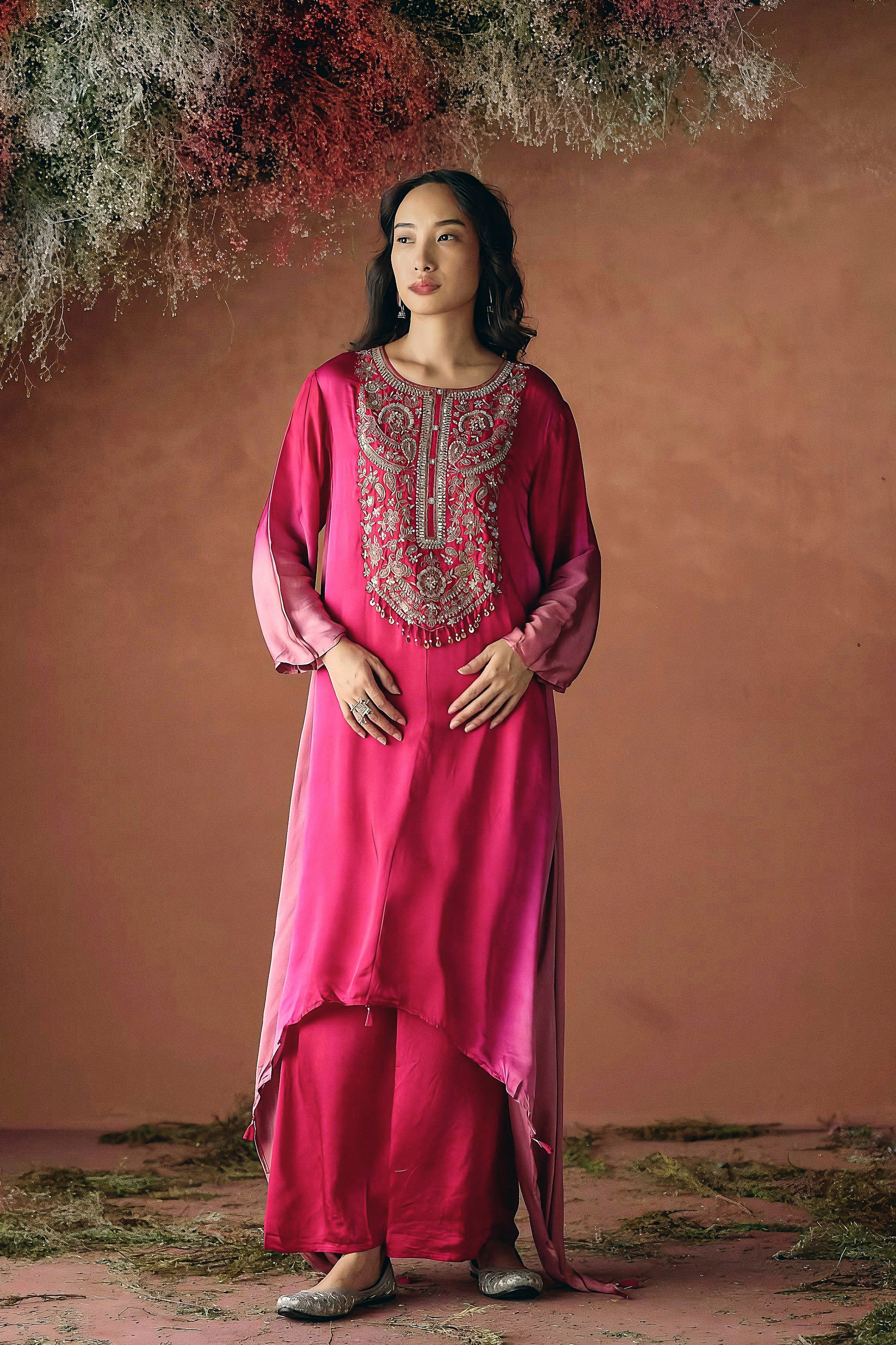 Blush Pink Embellished Satin Silk Kurta Set - Image 6