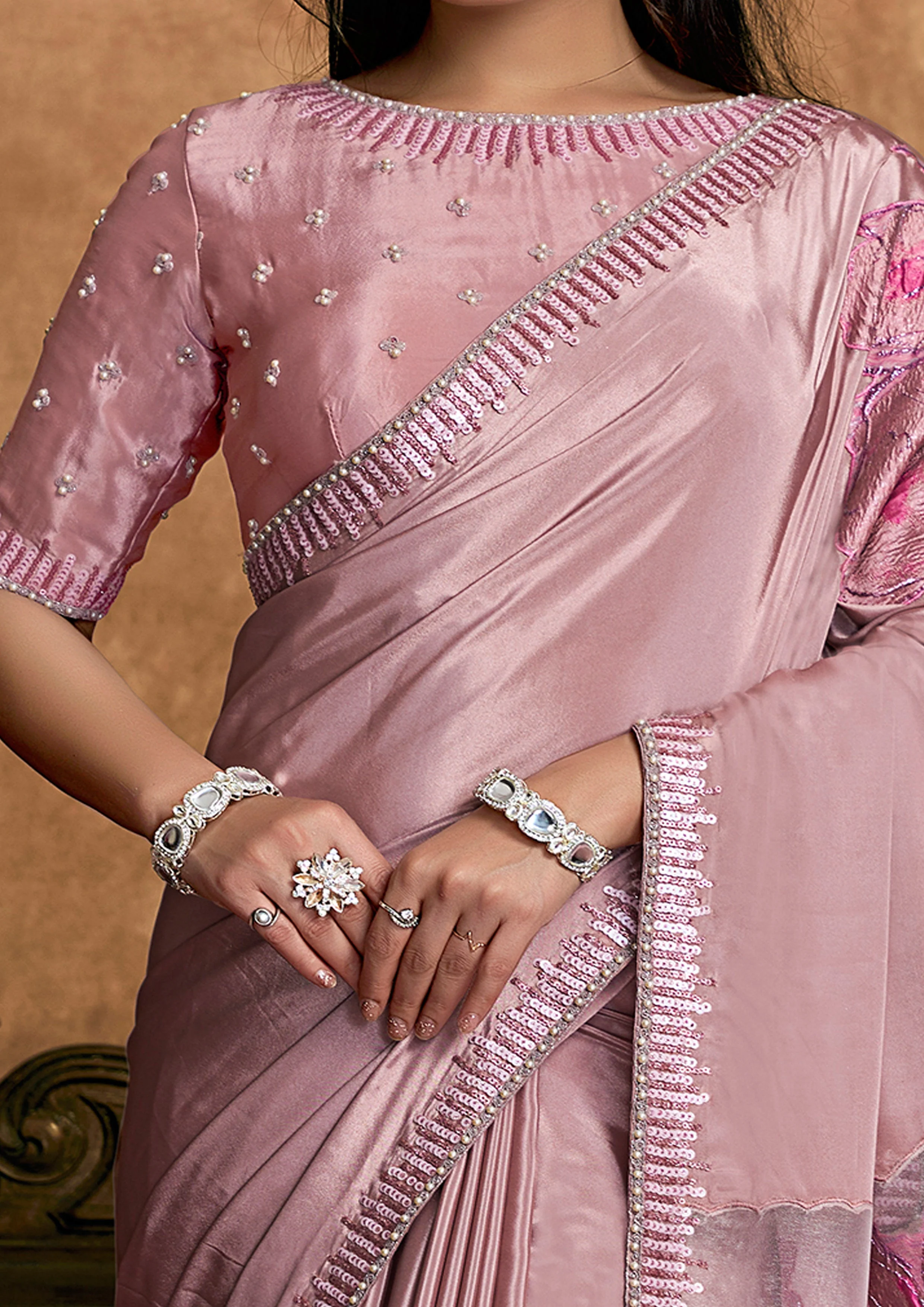 Blush Pink Embellished Satin Silk Saree - Image 2