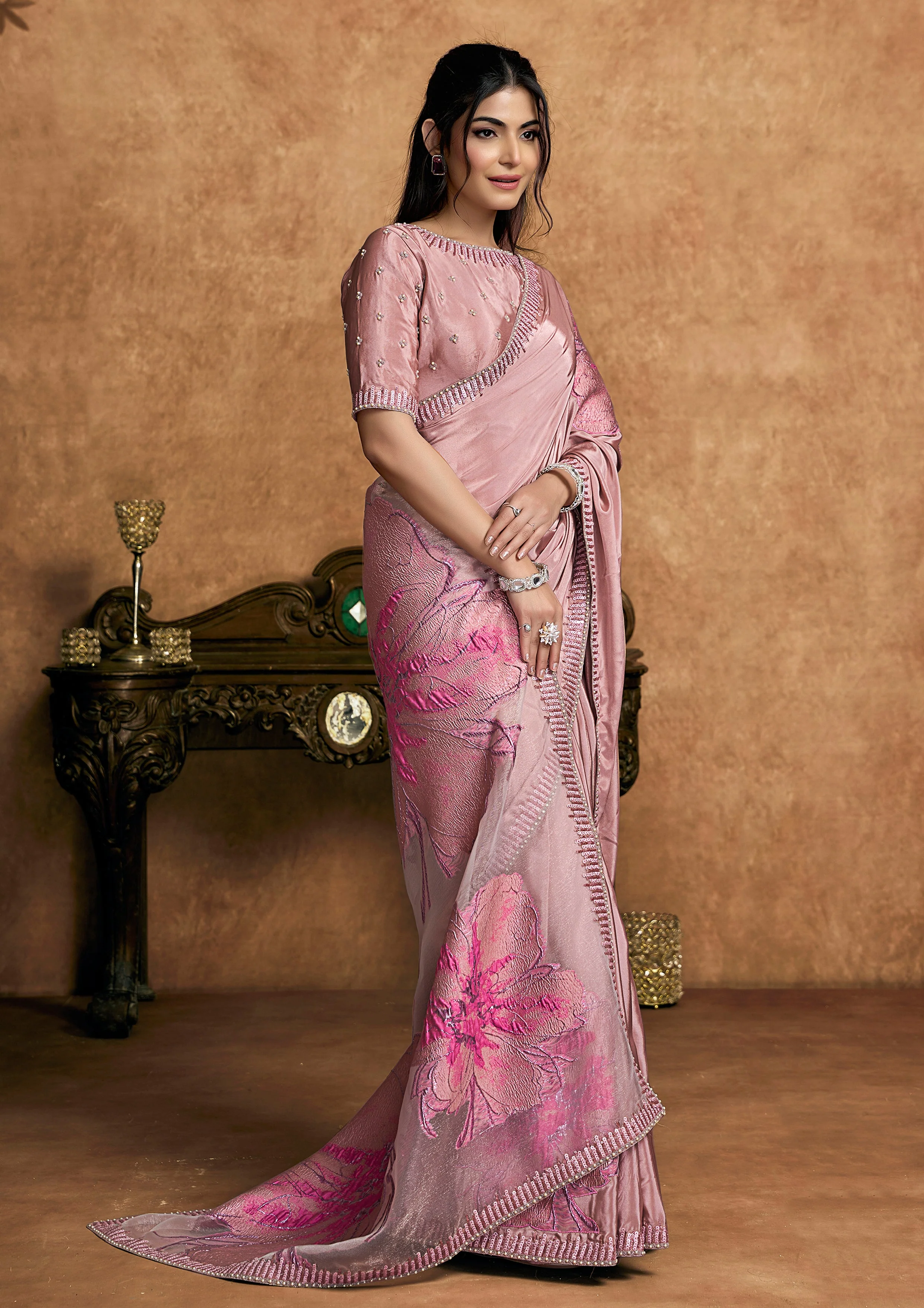 Blush Pink Embellished Satin Silk Saree - Image 3