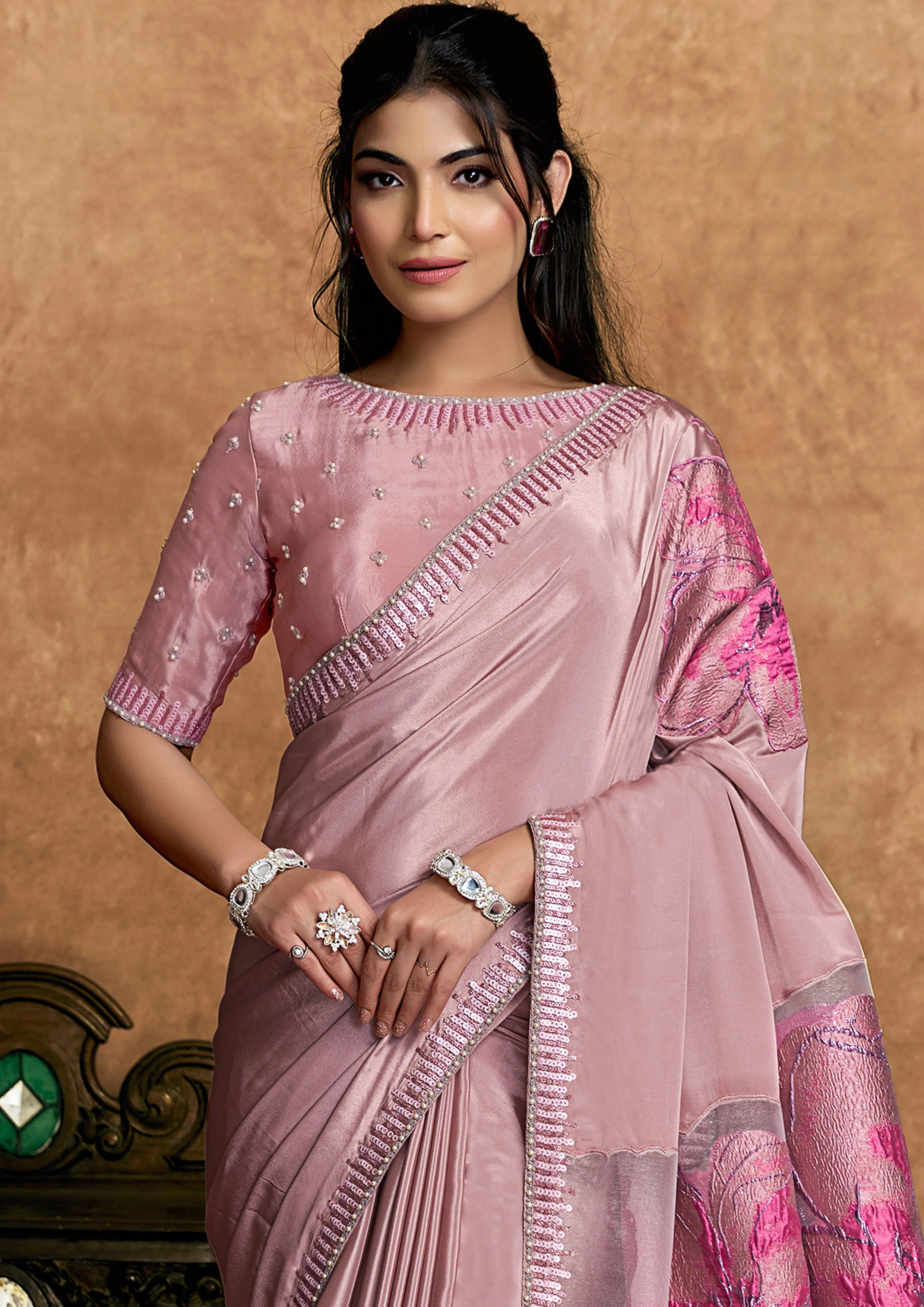 Blush Pink Embellished Satin Silk Saree - Image 4