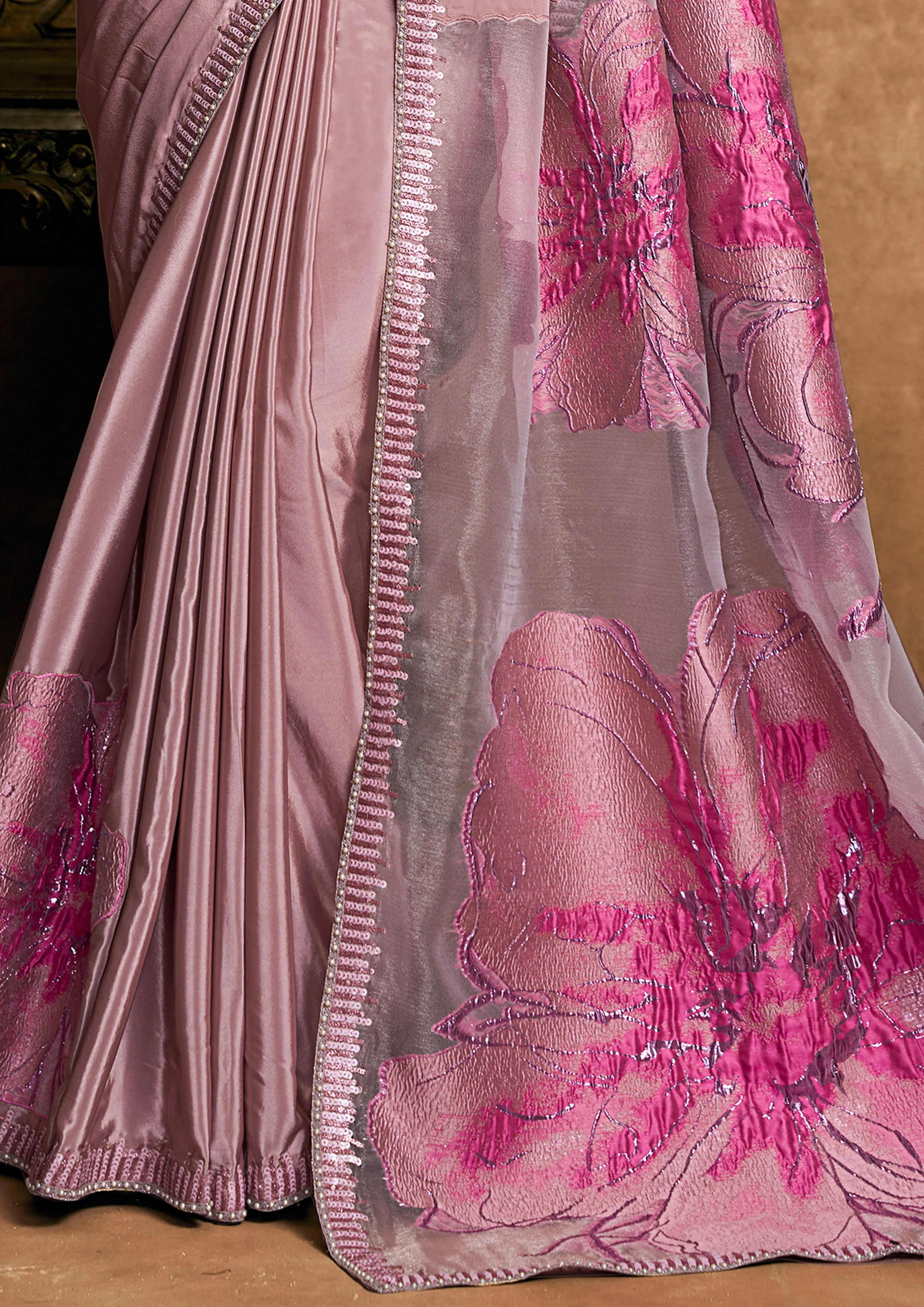 Blush Pink Embellished Satin Silk Saree - Image 5
