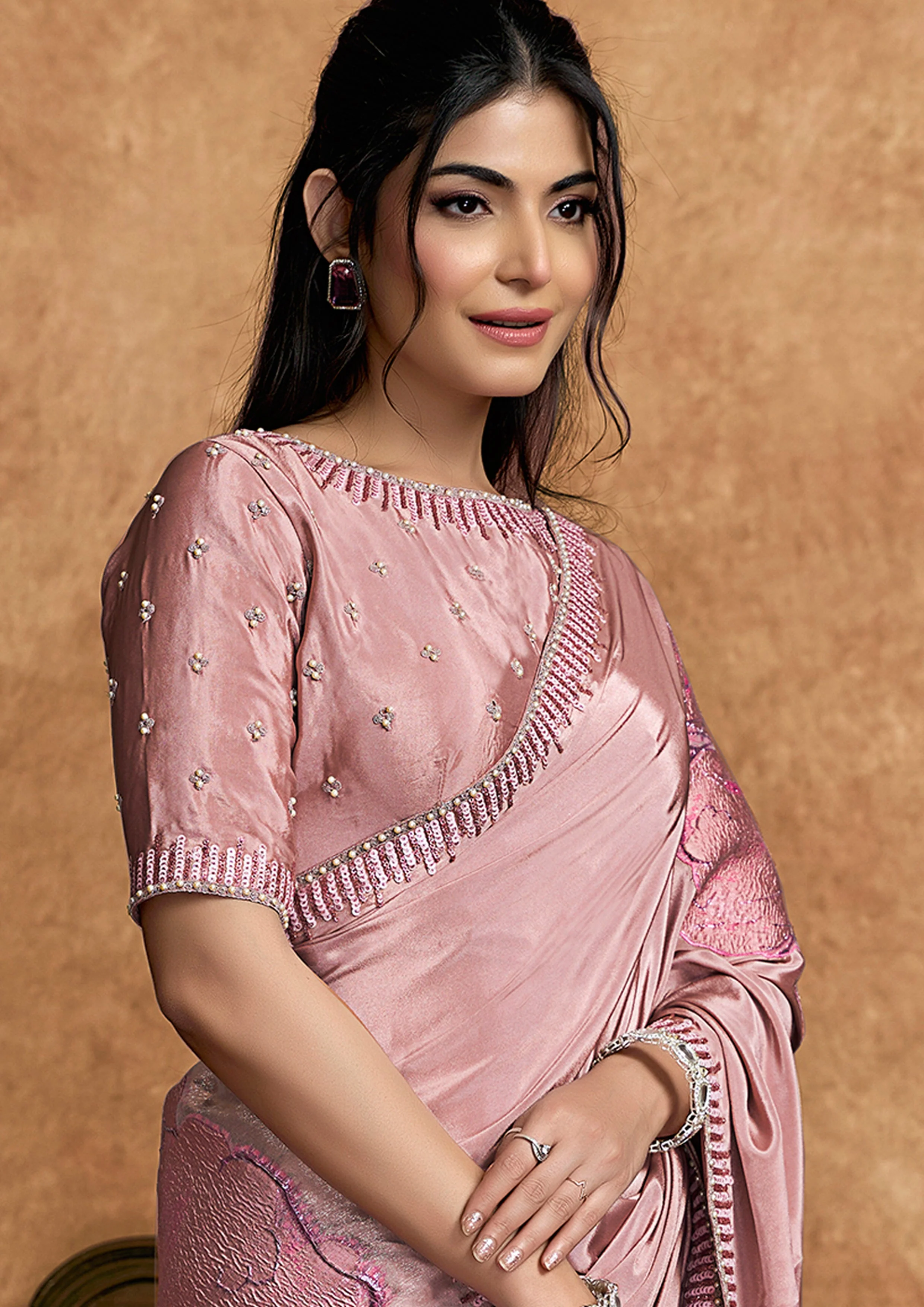 Blush Pink Embellished Satin Silk Saree - Image 6