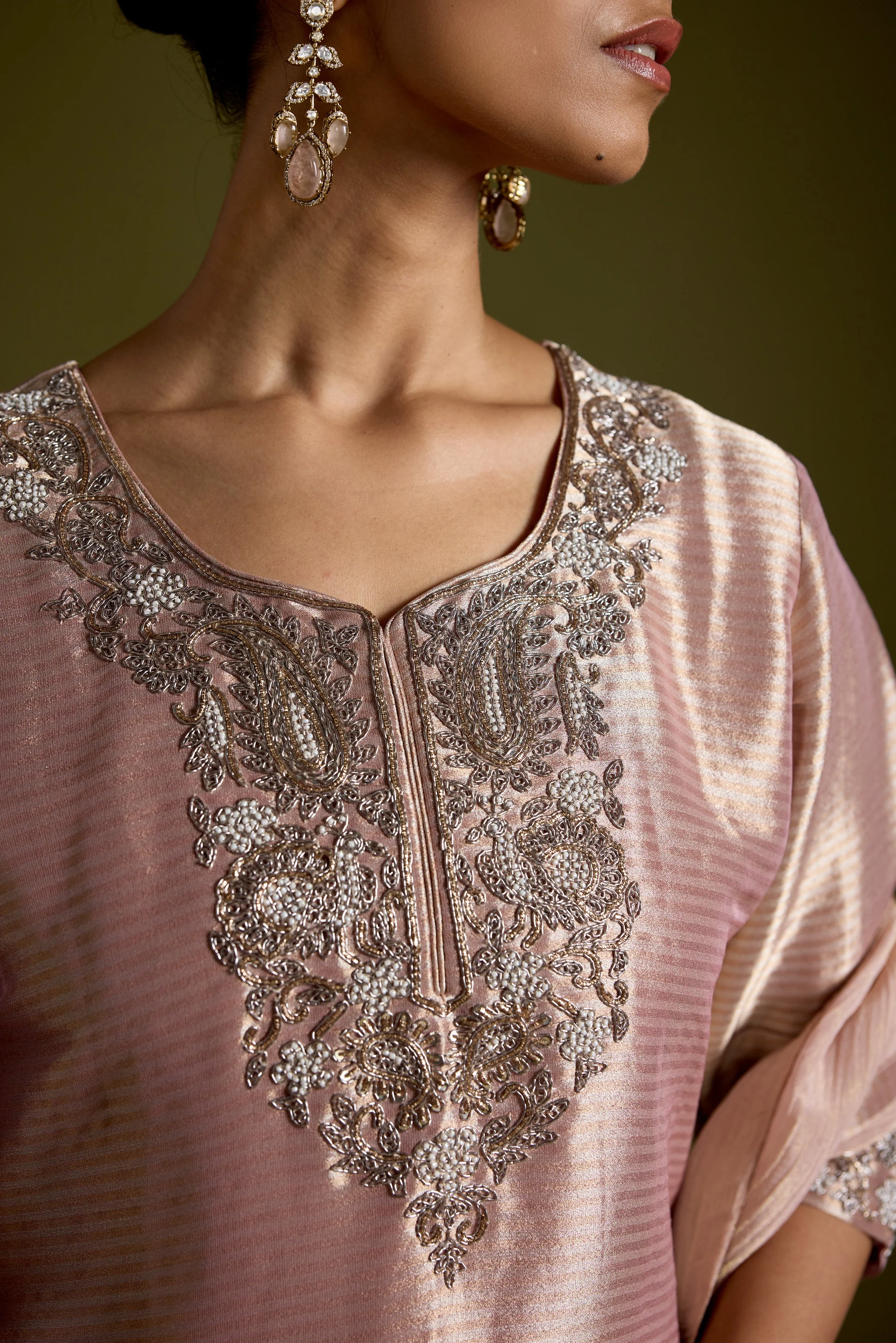 Blush Pink Embellished Shimmer Chinon Silk Palazzo Set - Image 2