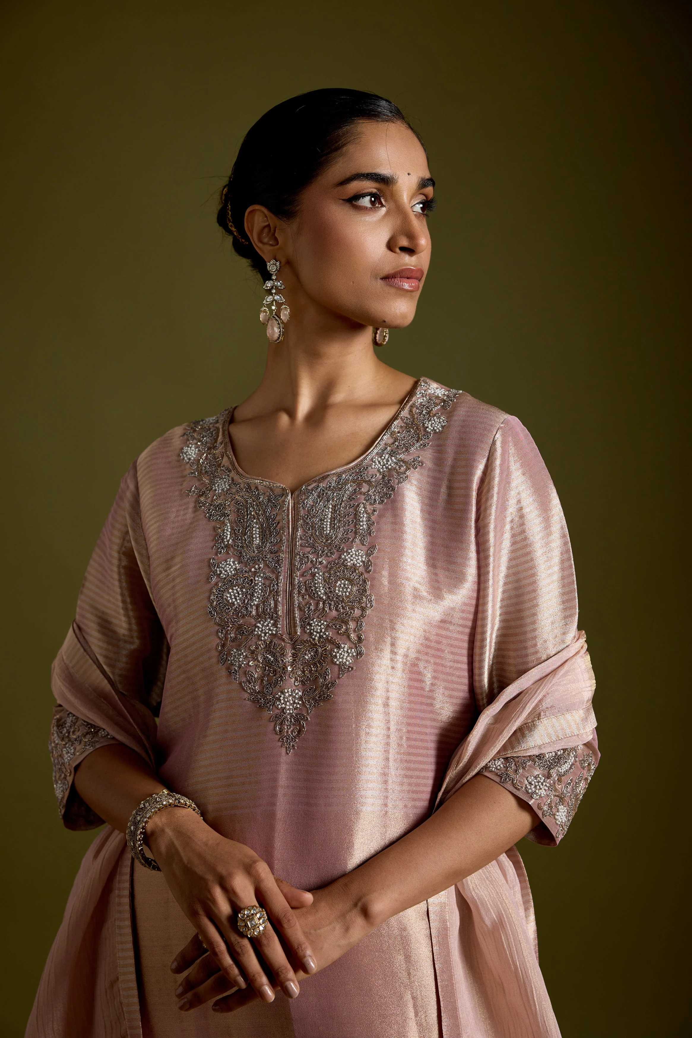 Blush Pink Embellished Shimmer Chinon Silk Palazzo Set - Image 3