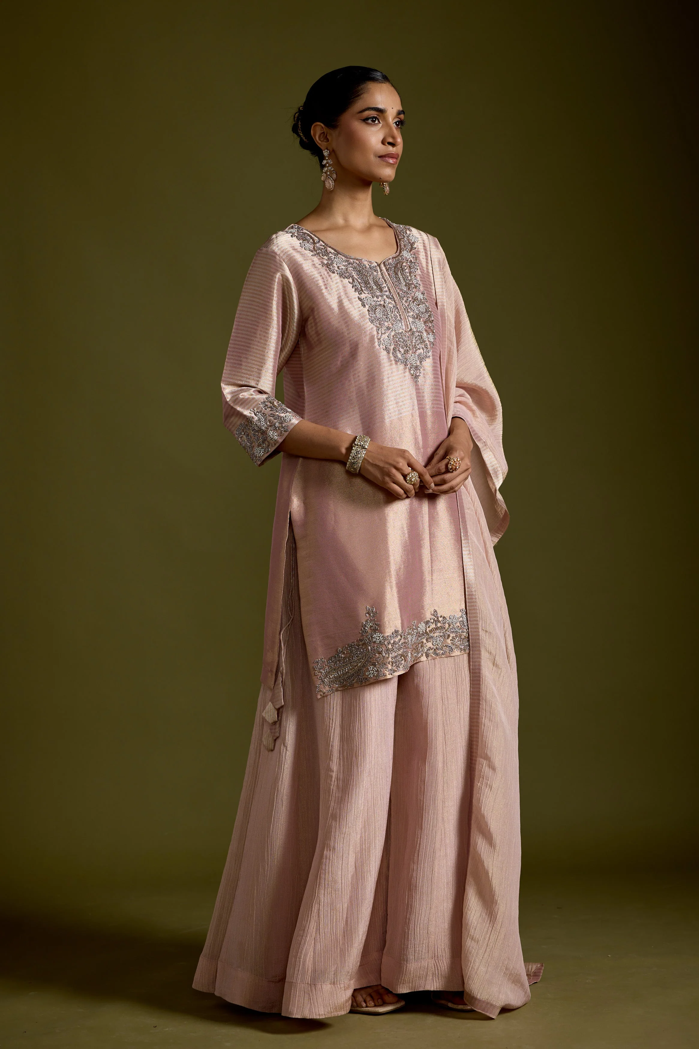 Blush Pink Embellished Shimmer Chinon Silk Palazzo Set - Image 4