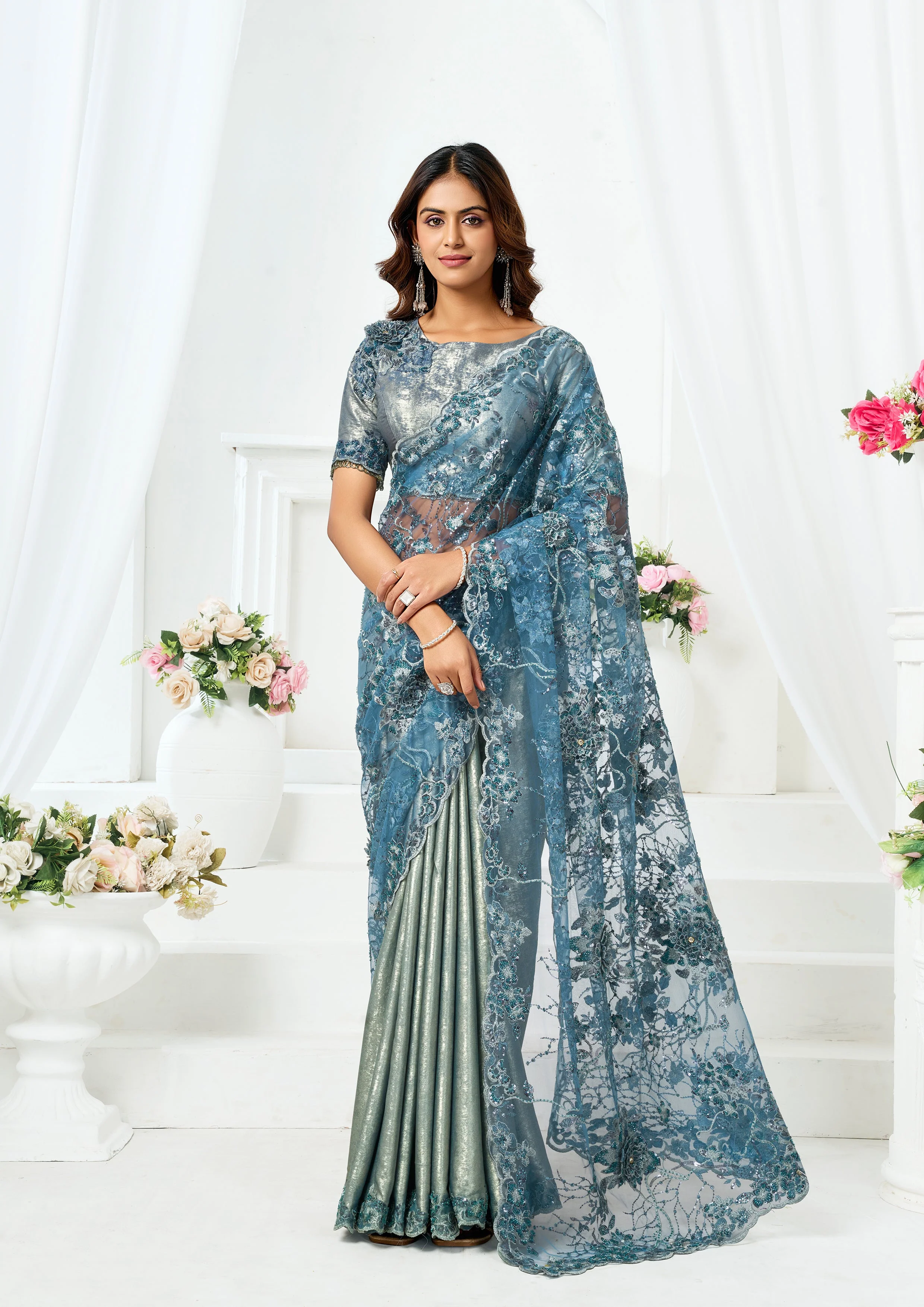 Metallic Grey Embellished Metallic Satin Silk Saree