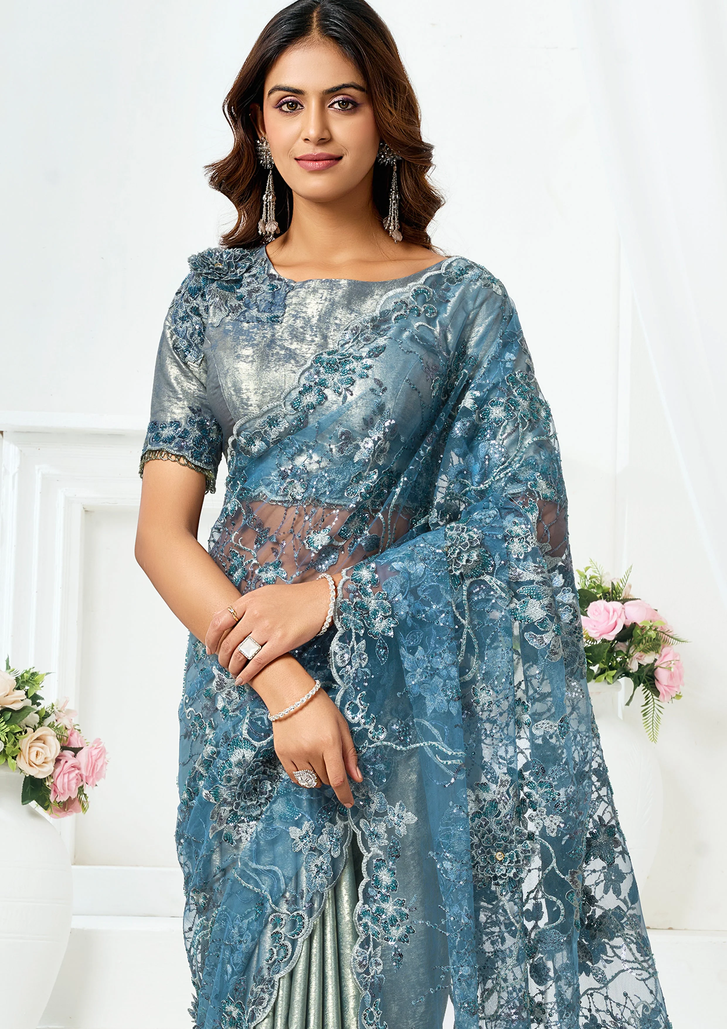 Metallic Grey Embellished Metallic Satin Silk Saree - Image 4