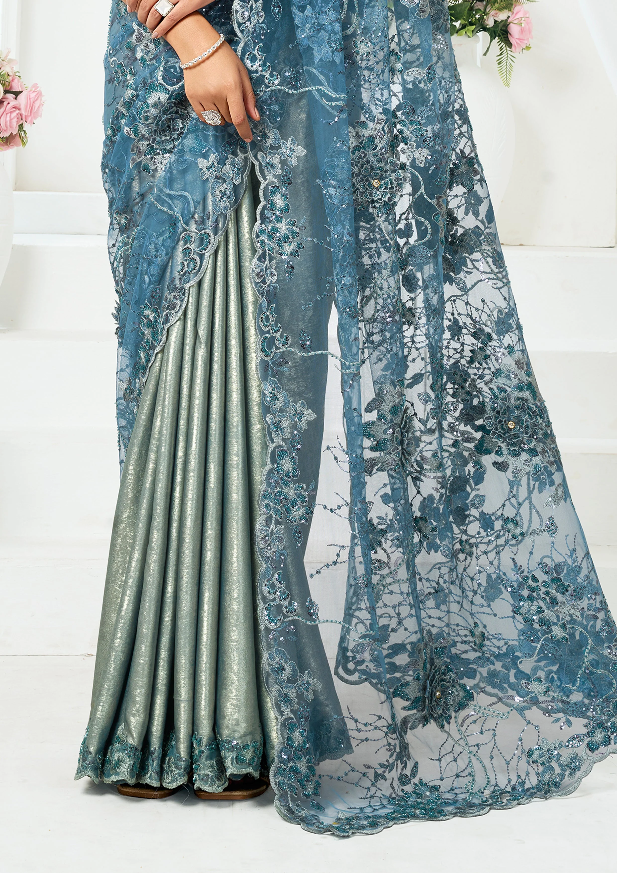 Metallic Grey Embellished Metallic Satin Silk Saree - Image 6