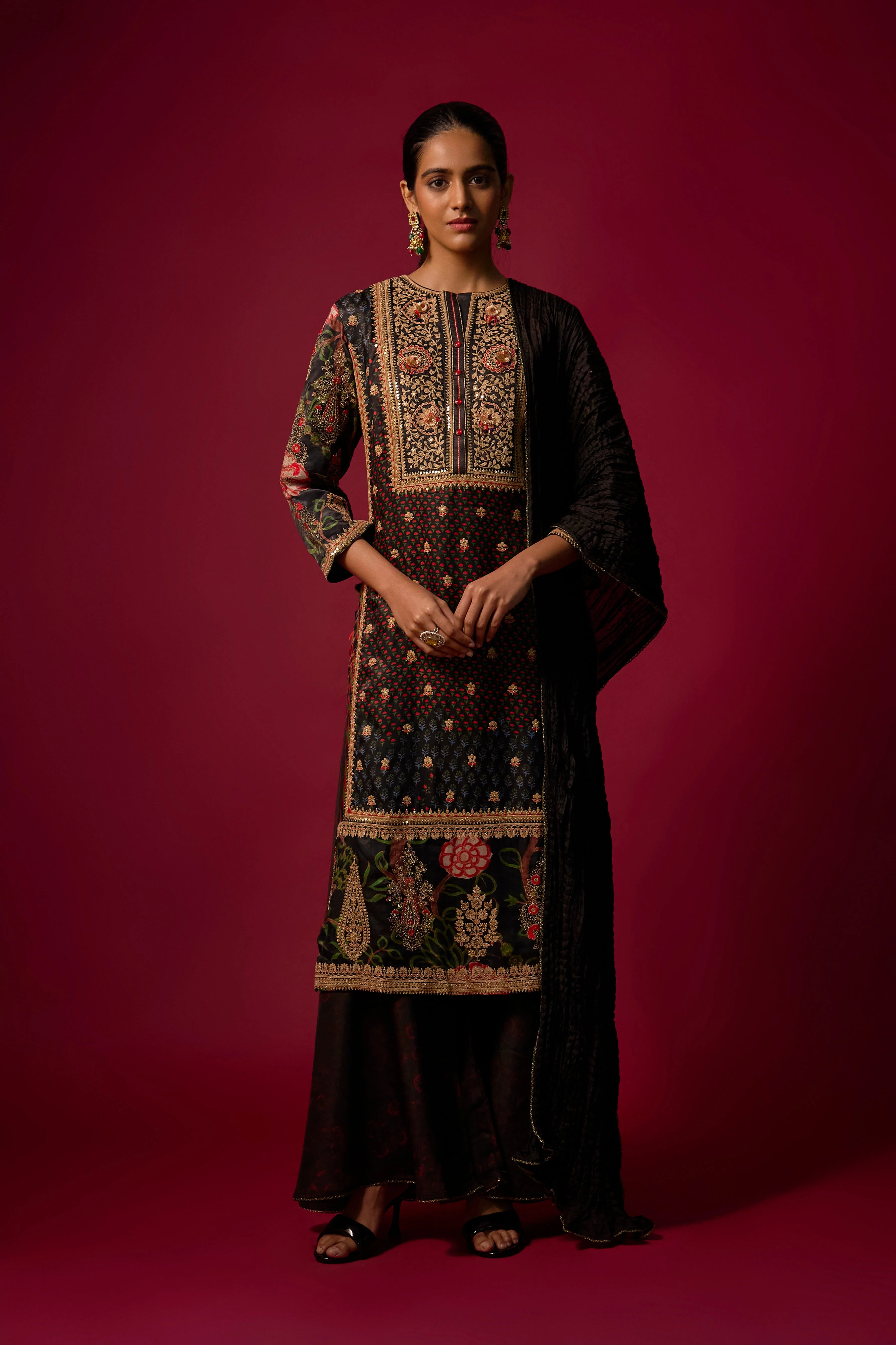 Soft Black Embellished Slub Silk Palazzo Set