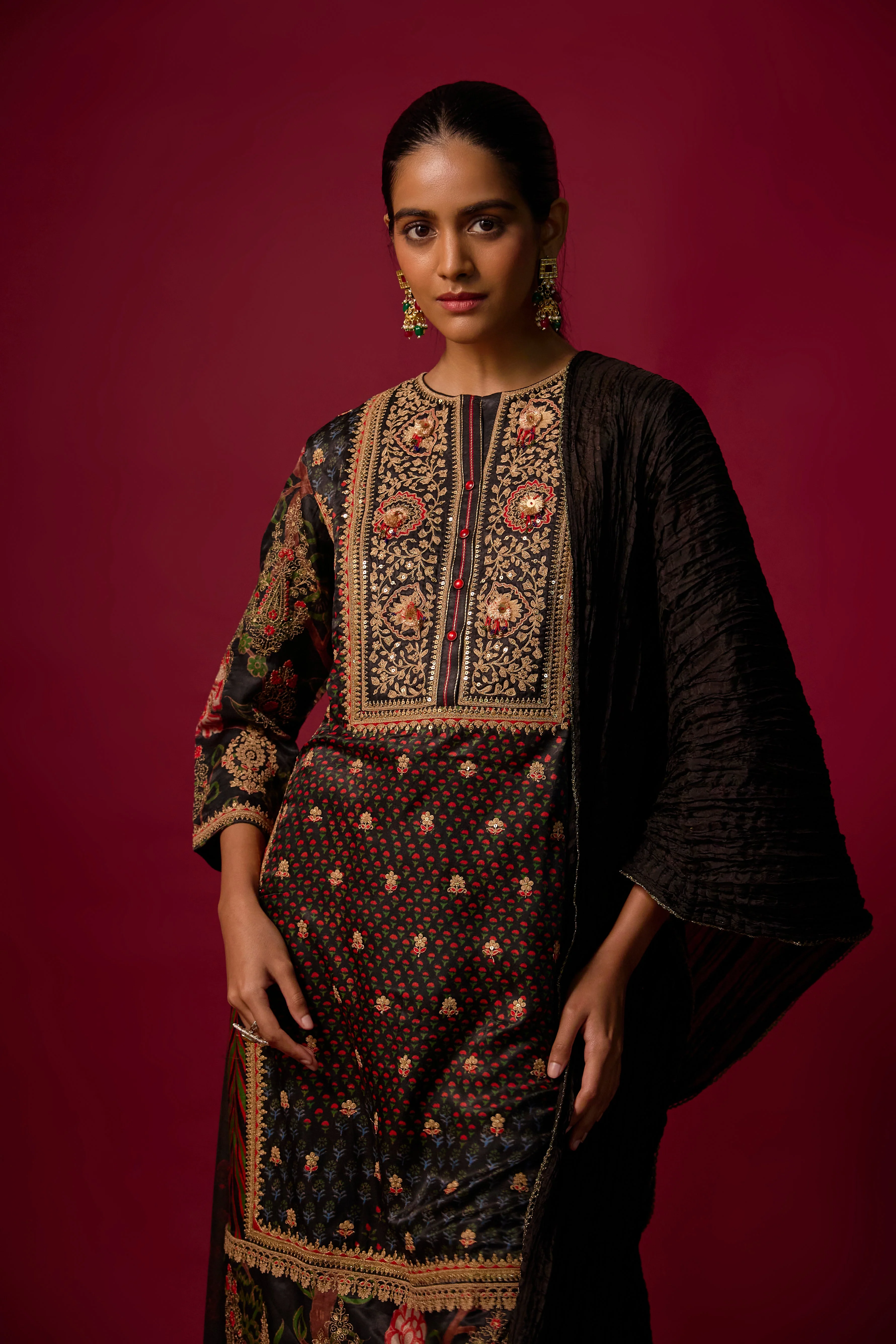 Soft Black Embellished Slub Silk Palazzo Set - Image 2