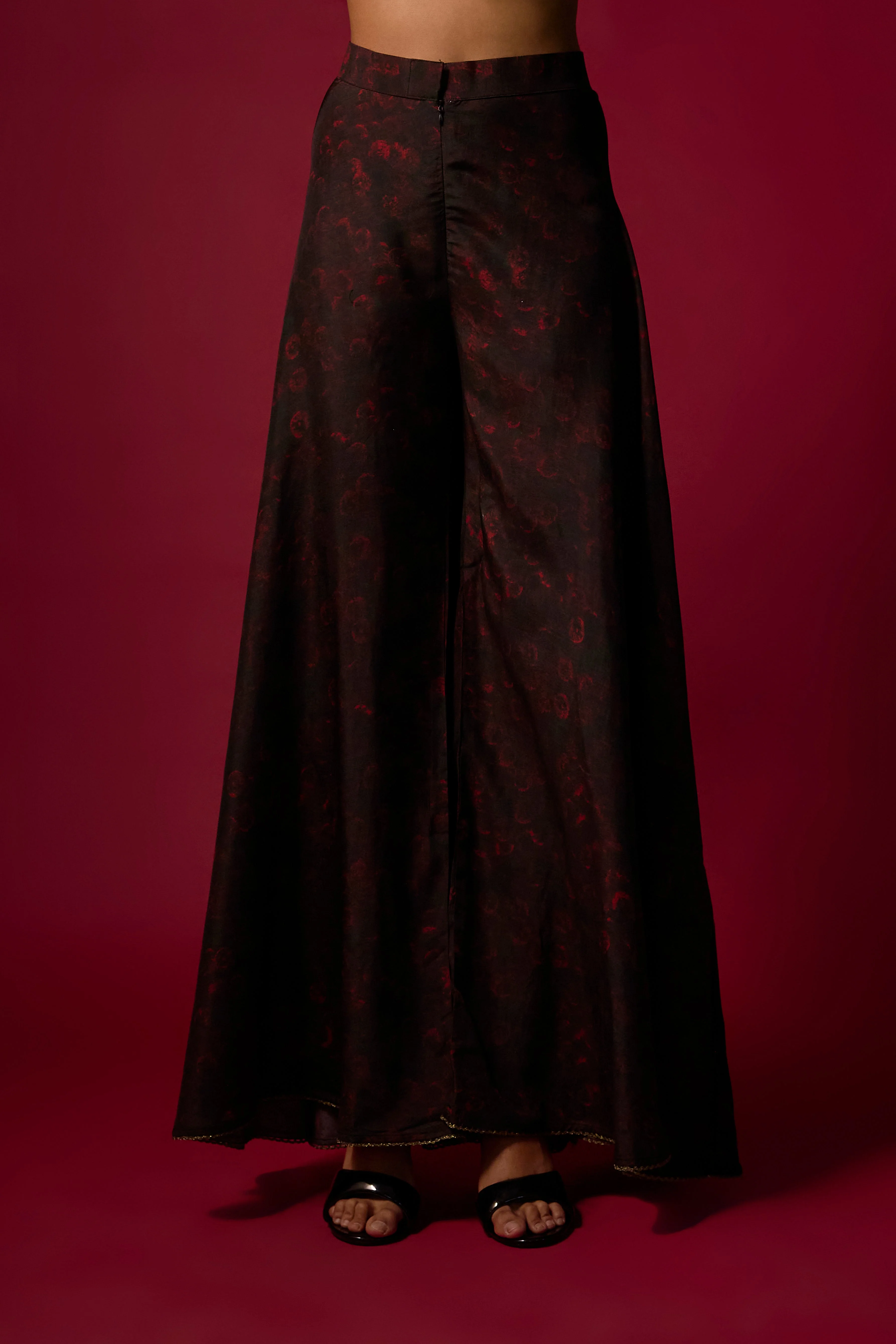 Soft Black Embellished Slub Silk Palazzo Set - Image 3