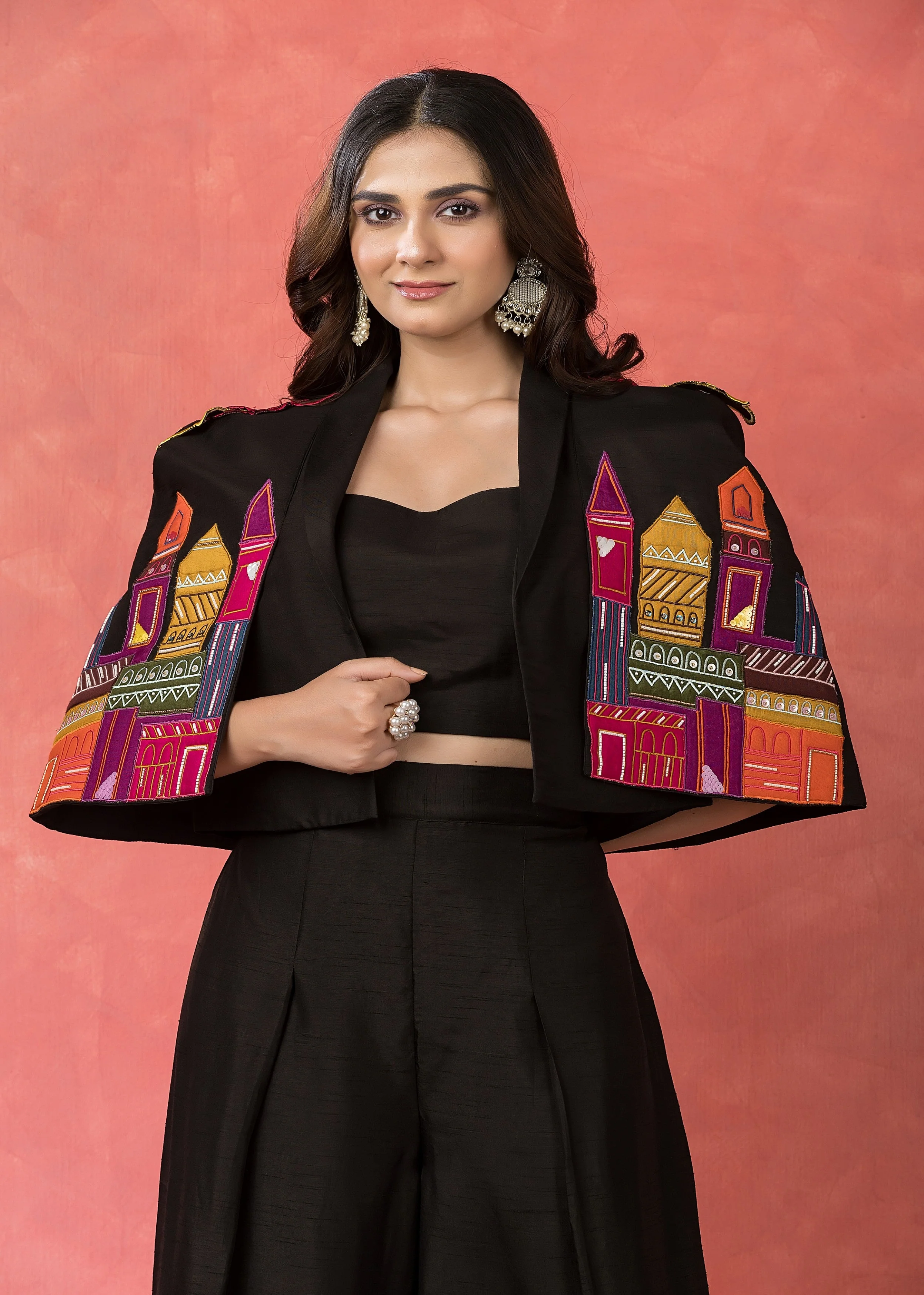 Black Mosaic Embroidered Raw Silk Palazzo Set - Image 2