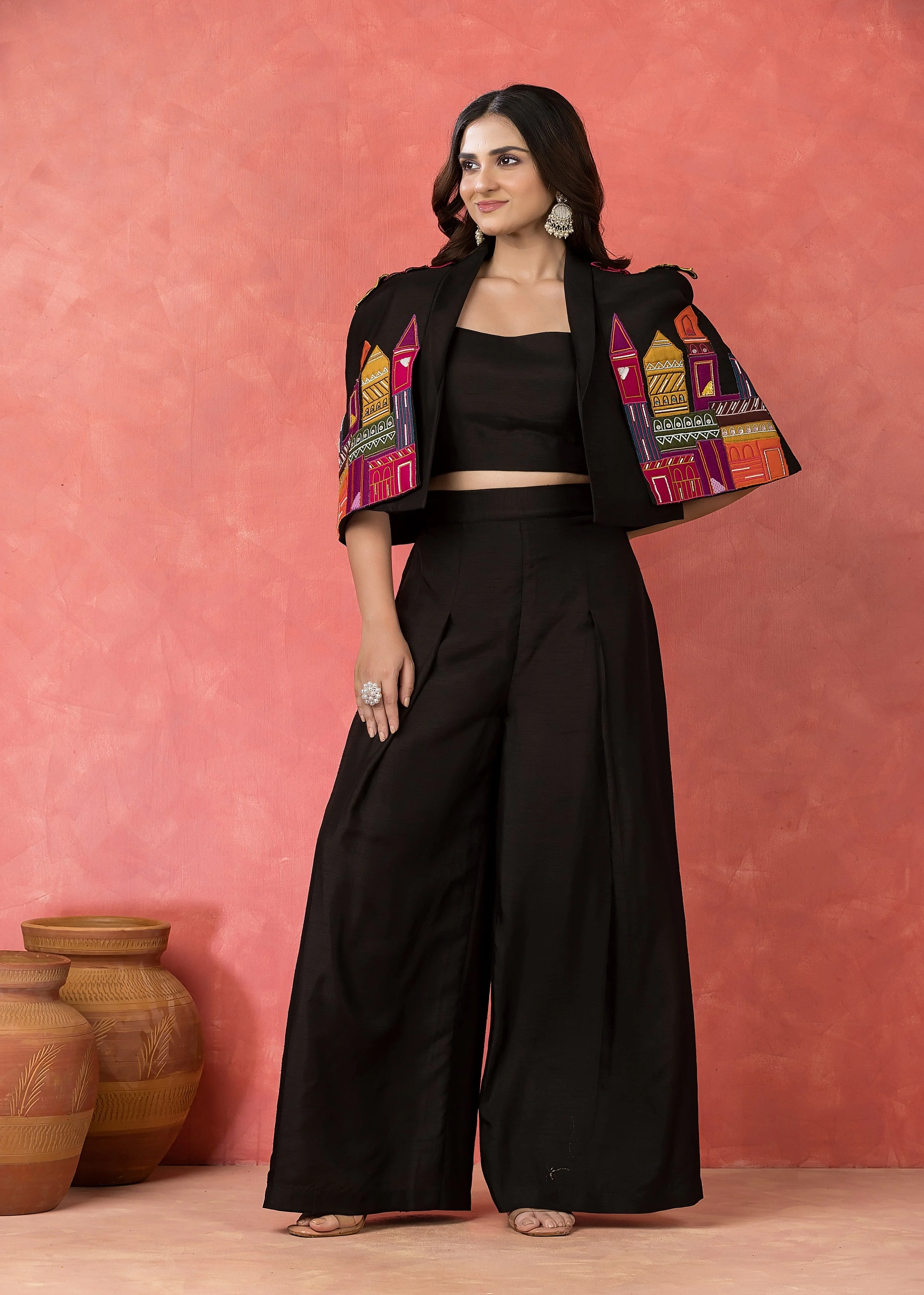 Black Mosaic Embroidered Raw Silk Palazzo Set - Image 3