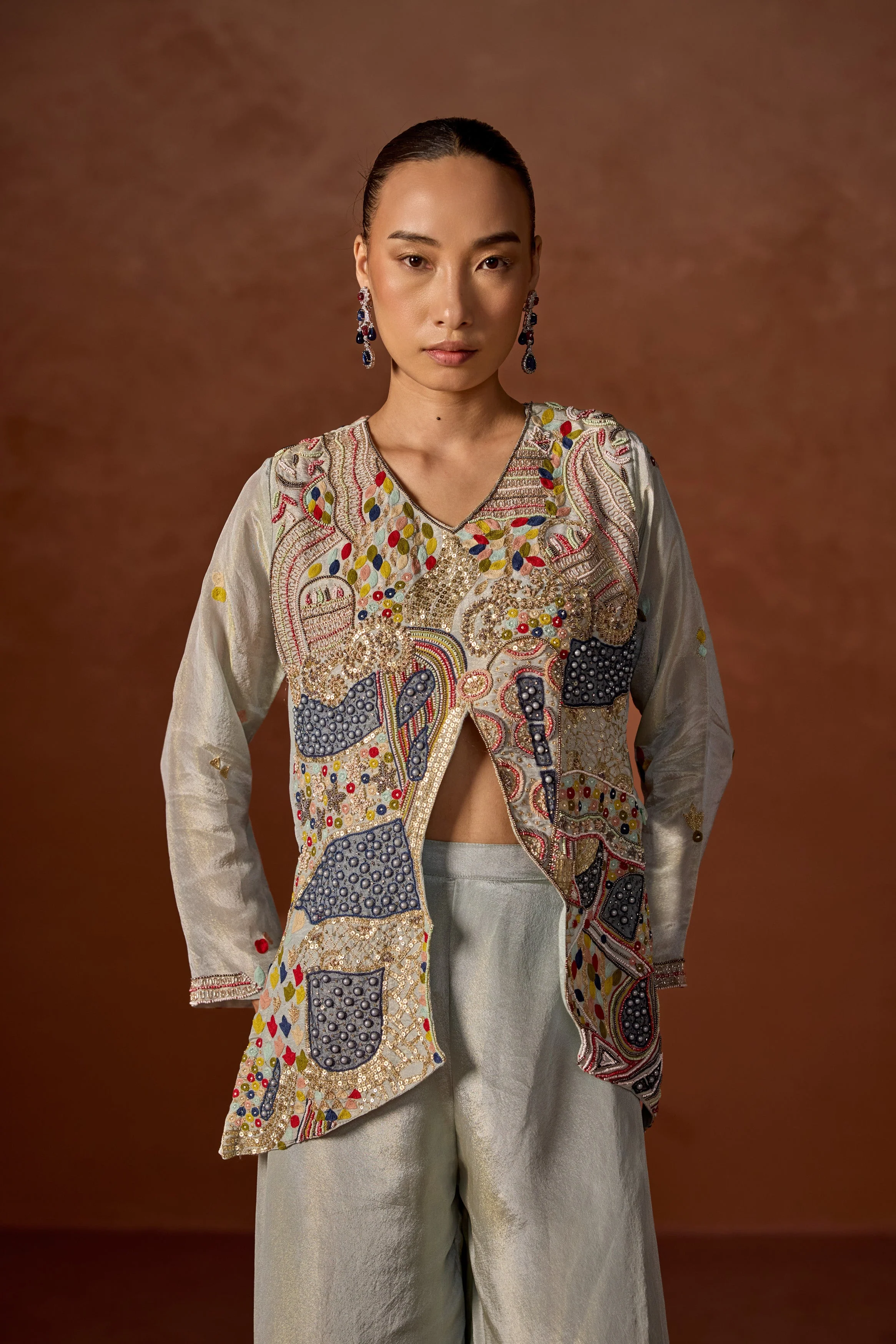 Ice Blue Embroidered Jacket and Palazzo Set - Image 2