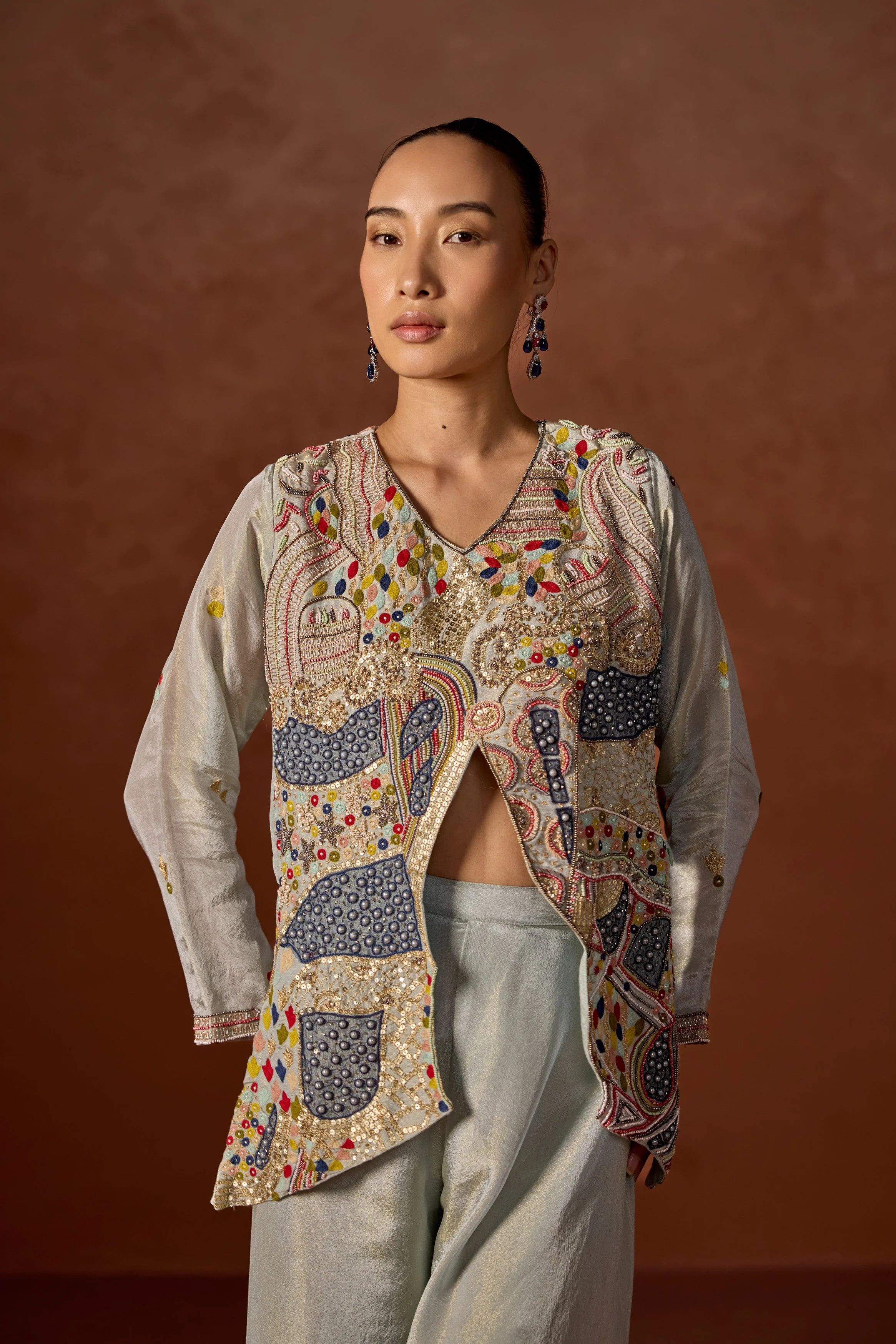 Ice Blue Embroidered Jacket and Palazzo Set - Image 3