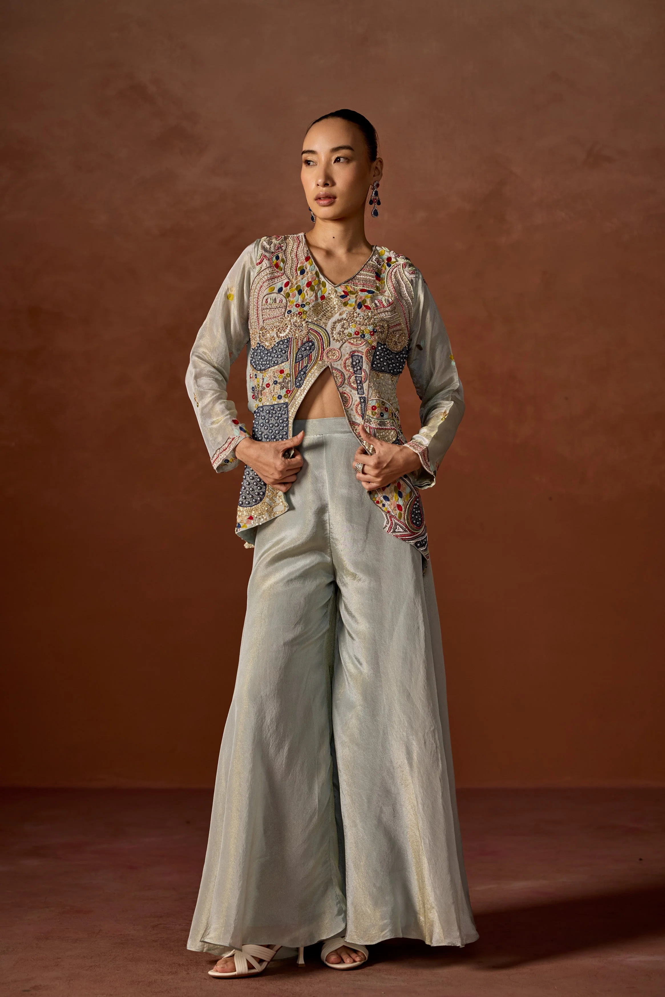 Ice Blue Embroidered Jacket and Palazzo Set - Image 4