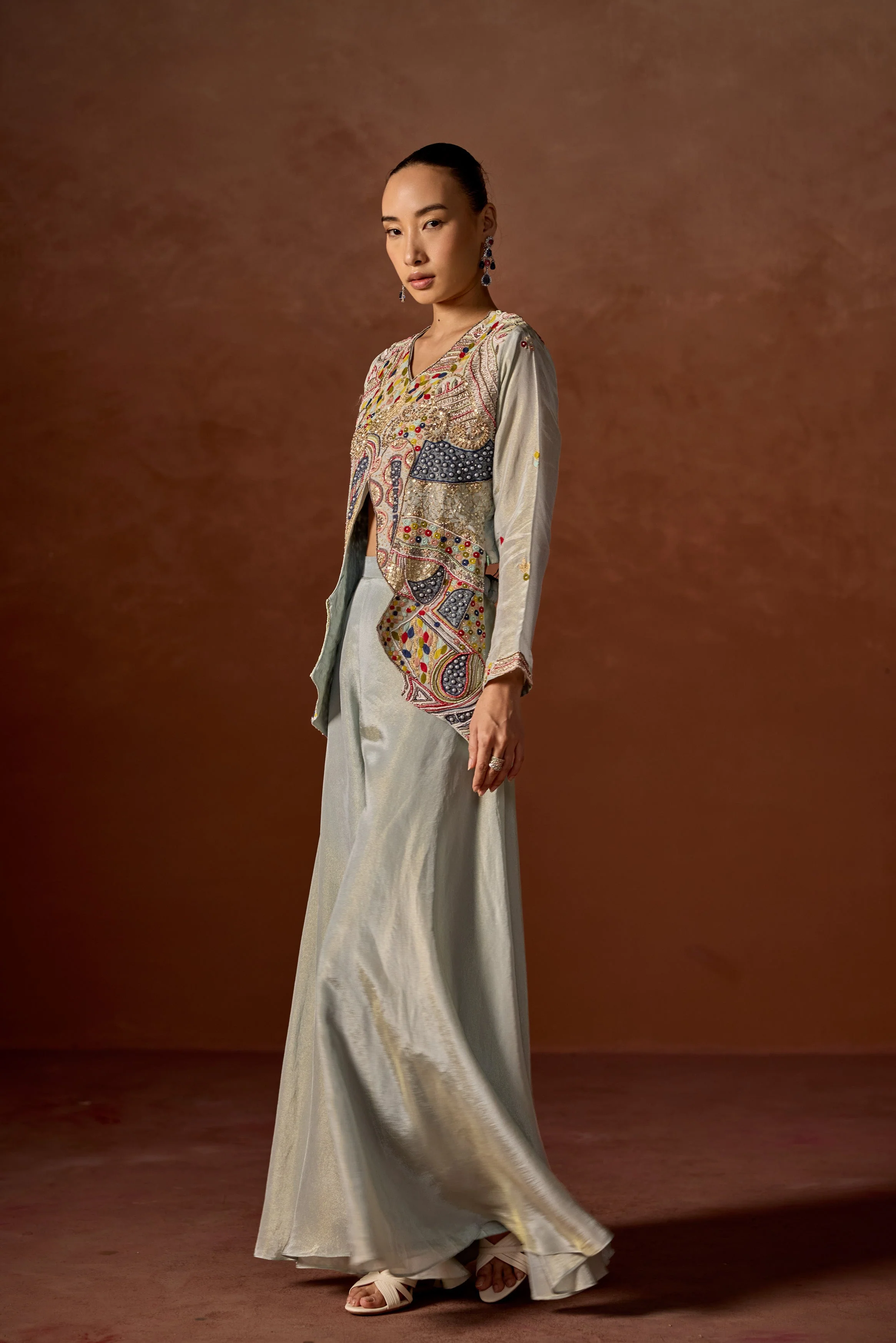 Ice Blue Embroidered Jacket and Palazzo Set - Image 5
