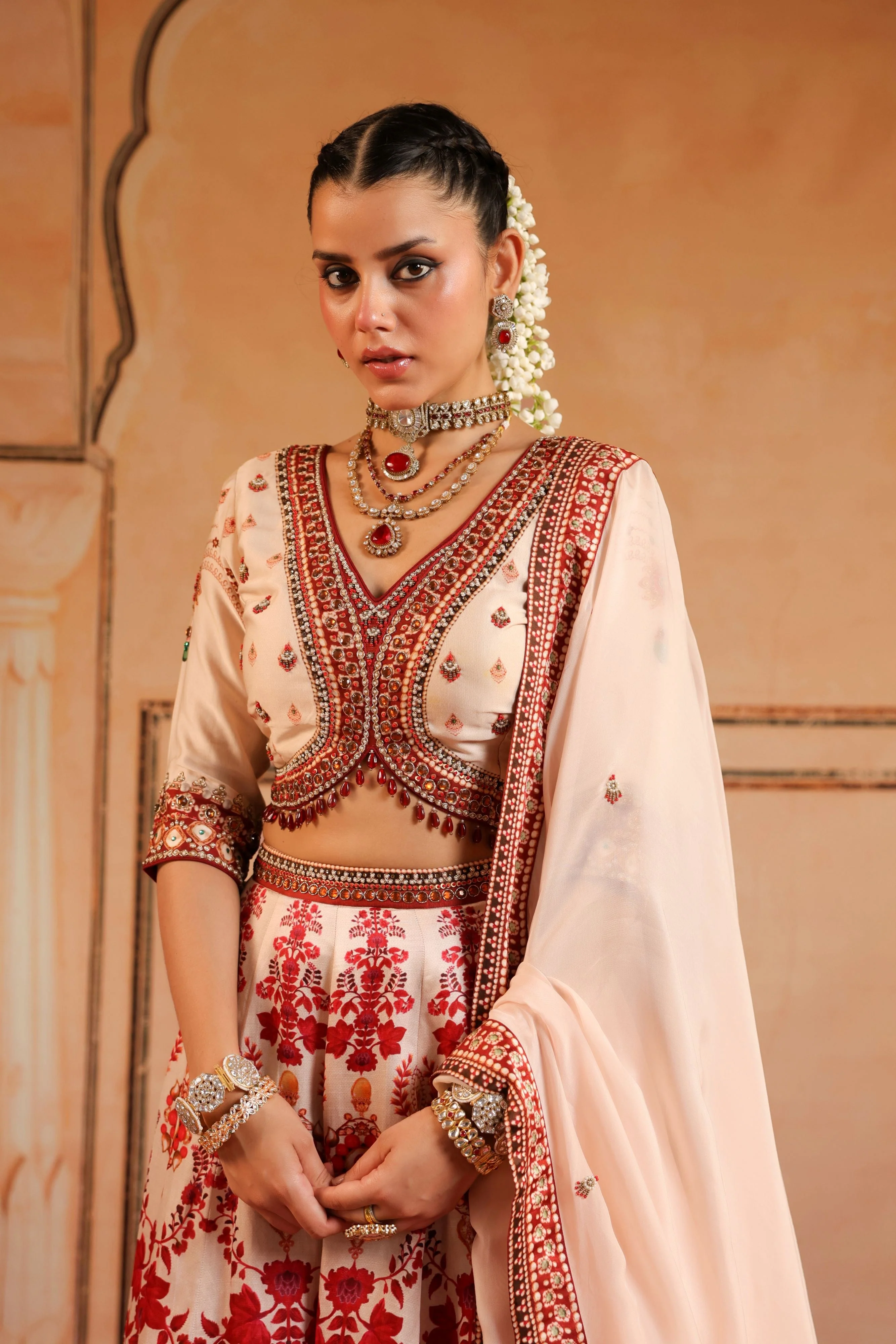 Peachy Pink Embellished Linen Satin Lehenga Set - Image 2