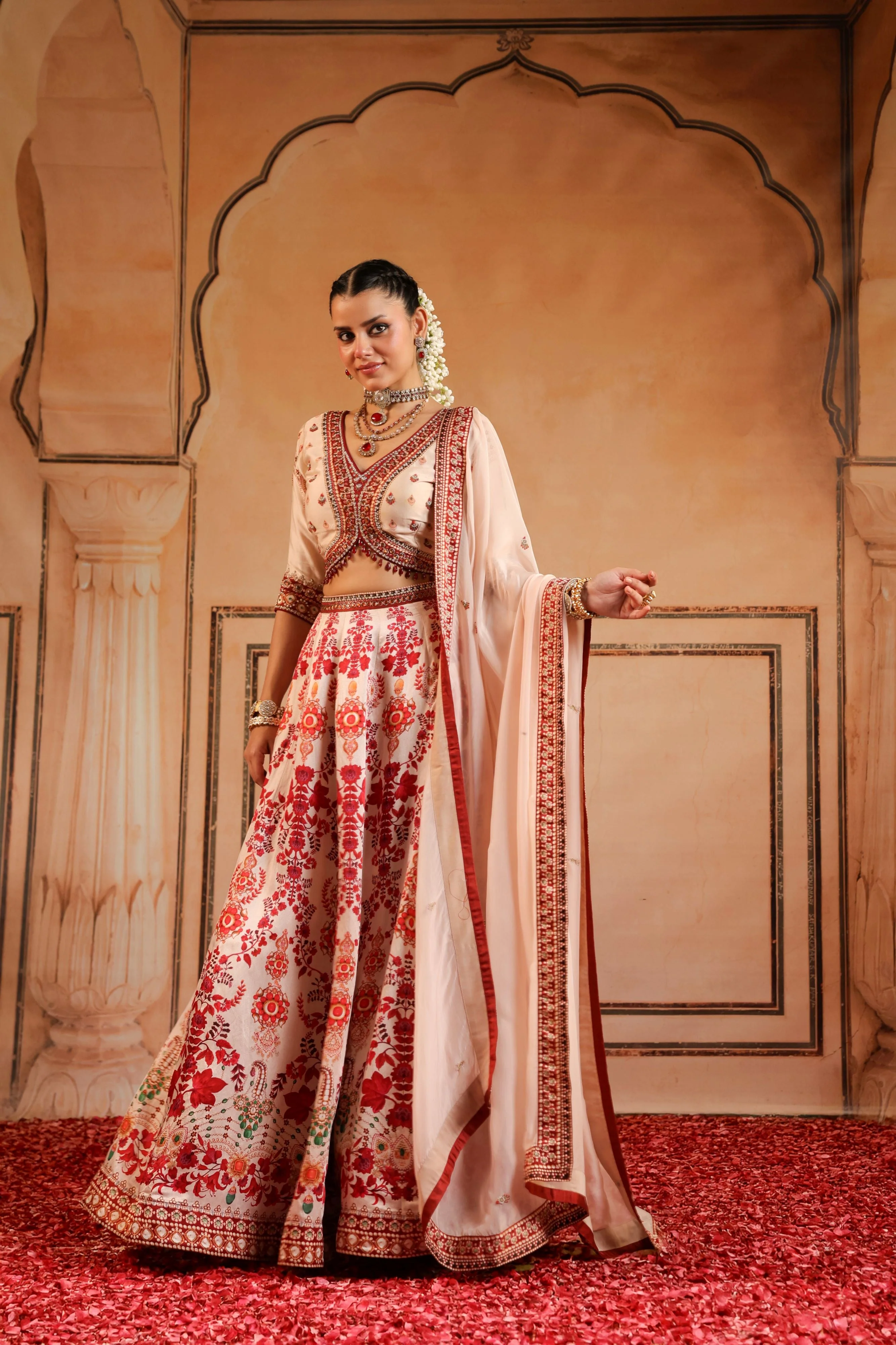 Peachy Pink Embellished Linen Satin Lehenga Set - Image 3