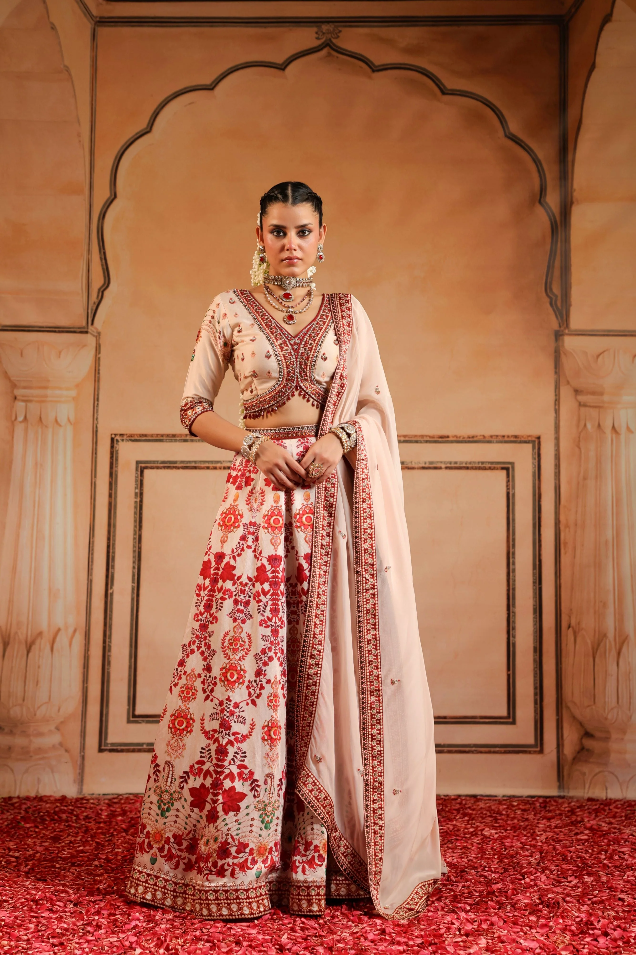 Peachy Pink Embellished Linen Satin Lehenga Set - Image 4