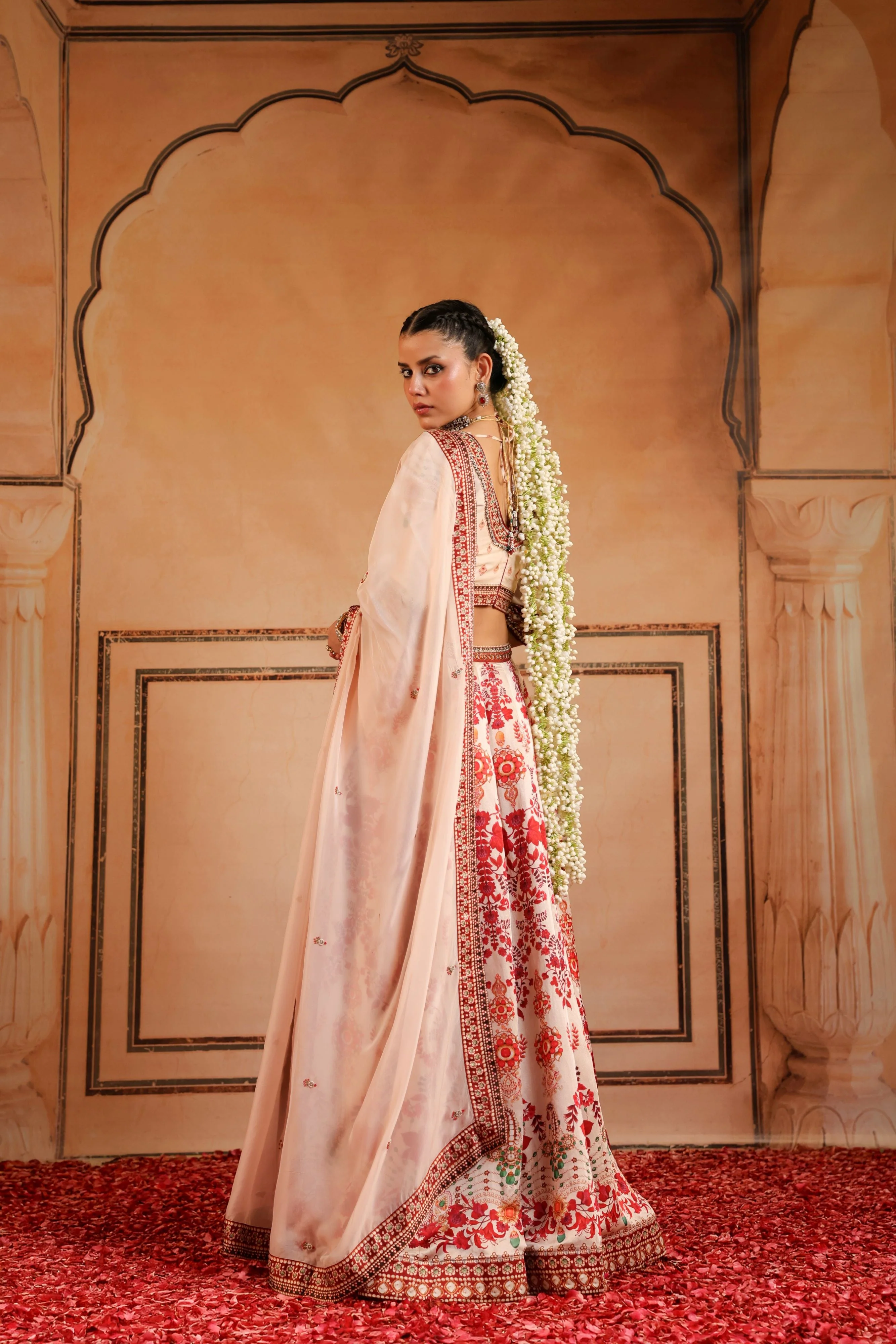 Peachy Pink Embellished Linen Satin Lehenga Set - Image 5