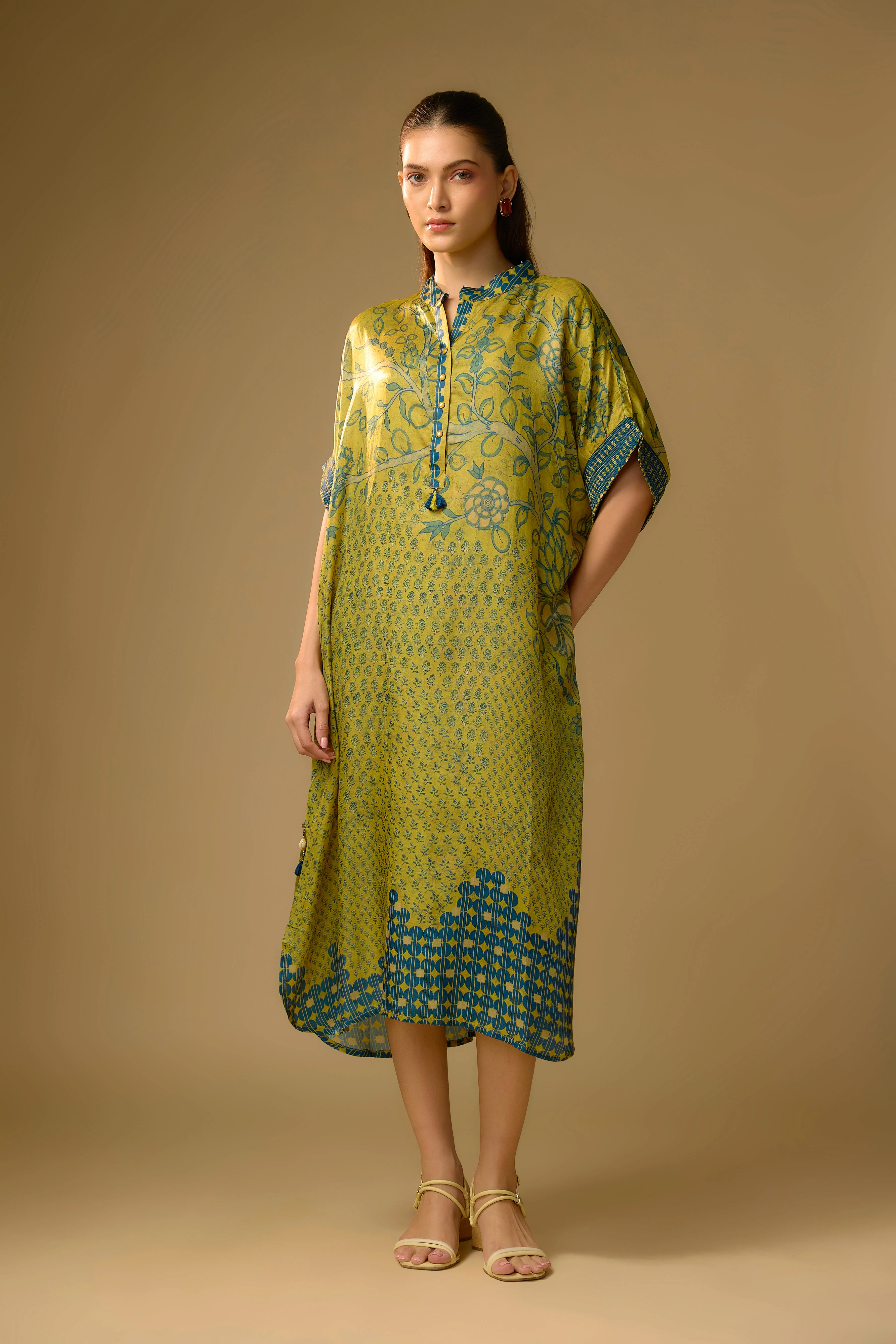 Mustard Yellow Printed Slub Cotton Silk Tunic Long Top