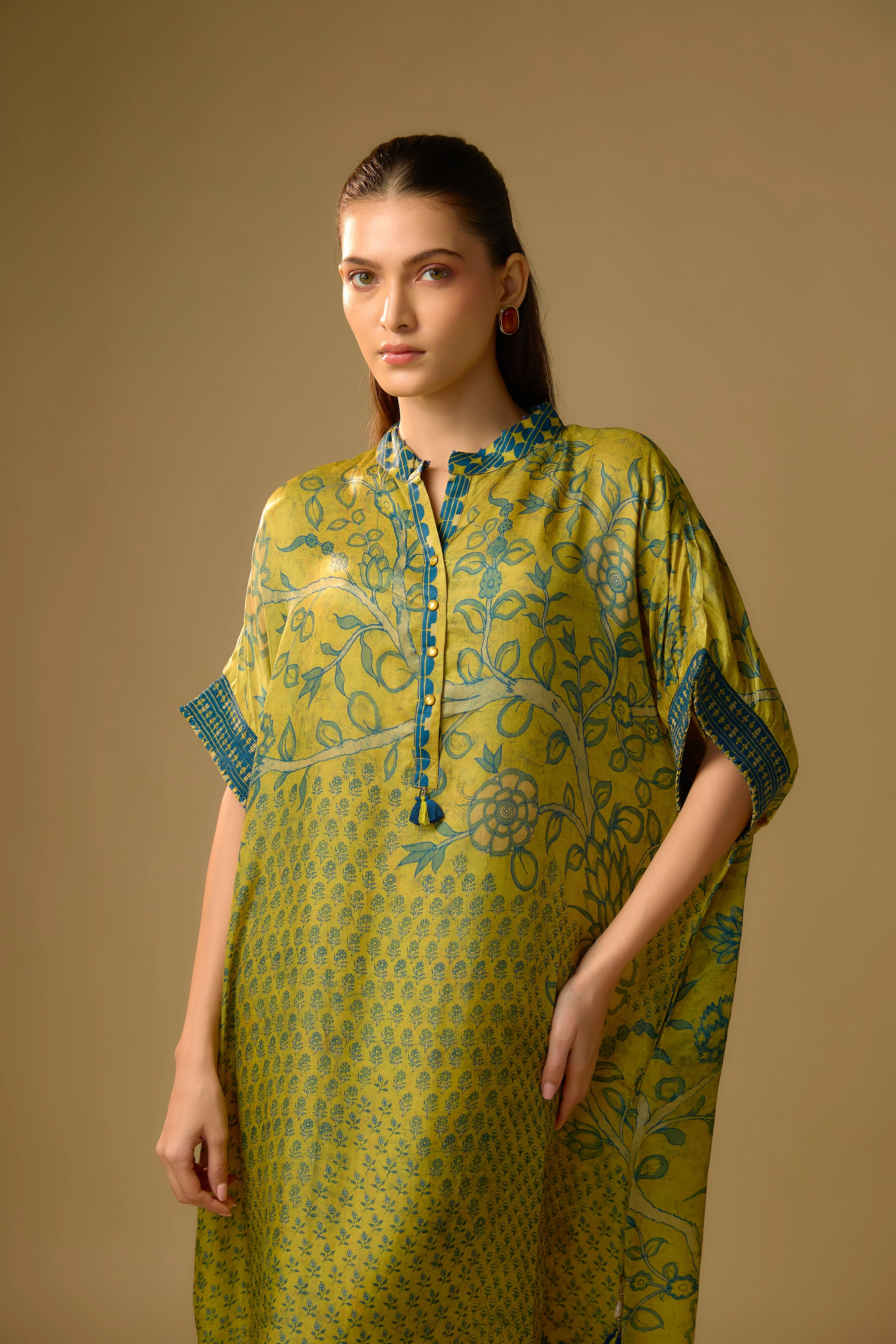 Mustard Yellow Printed Slub Cotton Silk Tunic Long Top - Image 2