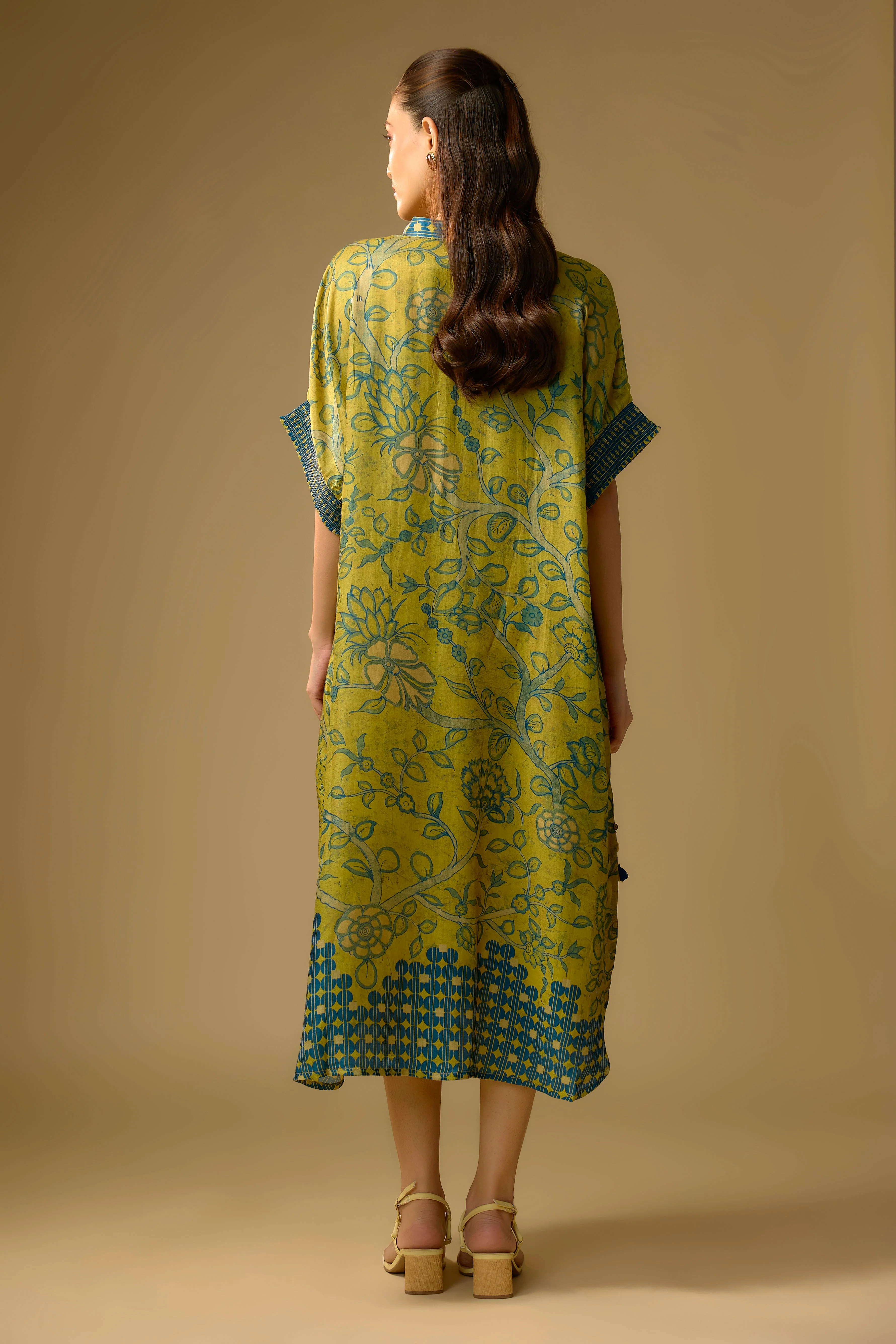 Mustard Yellow Printed Slub Cotton Silk Tunic Long Top - Image 3