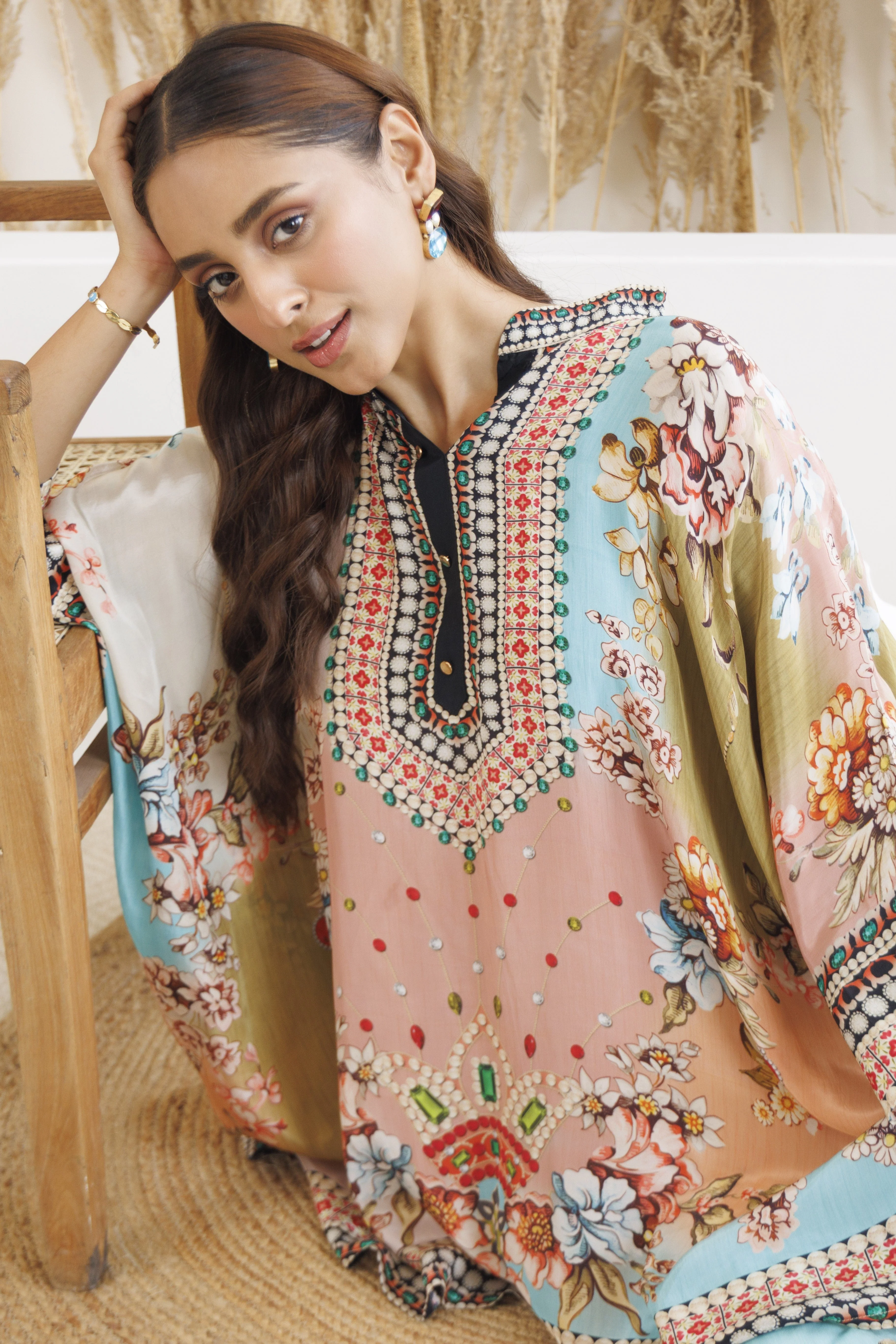 Peach Boho Bloom Printed Satin Silk Kaftan Set - Image 2