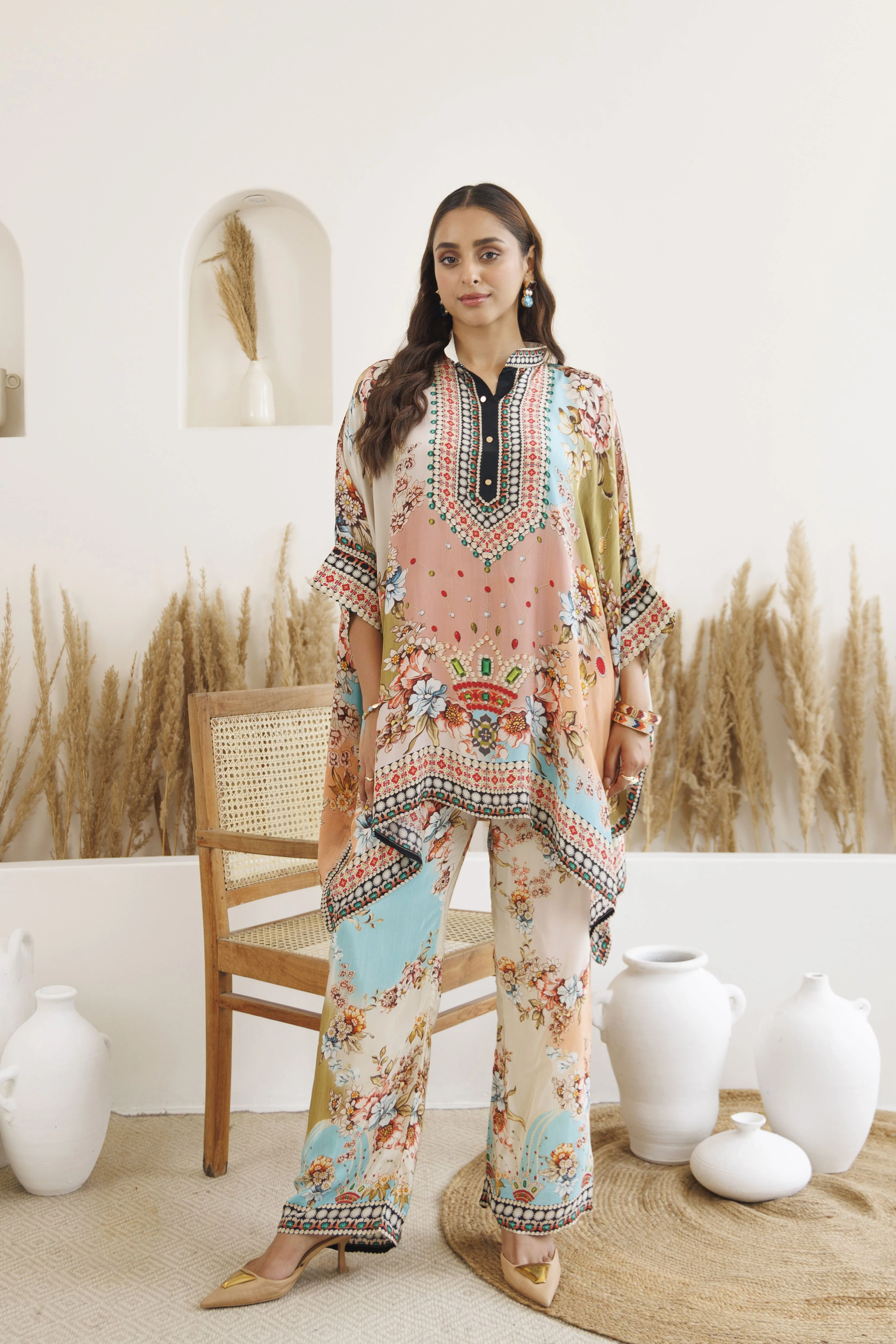 Peach Boho Bloom Printed Satin Silk Kaftan Set - Image 3