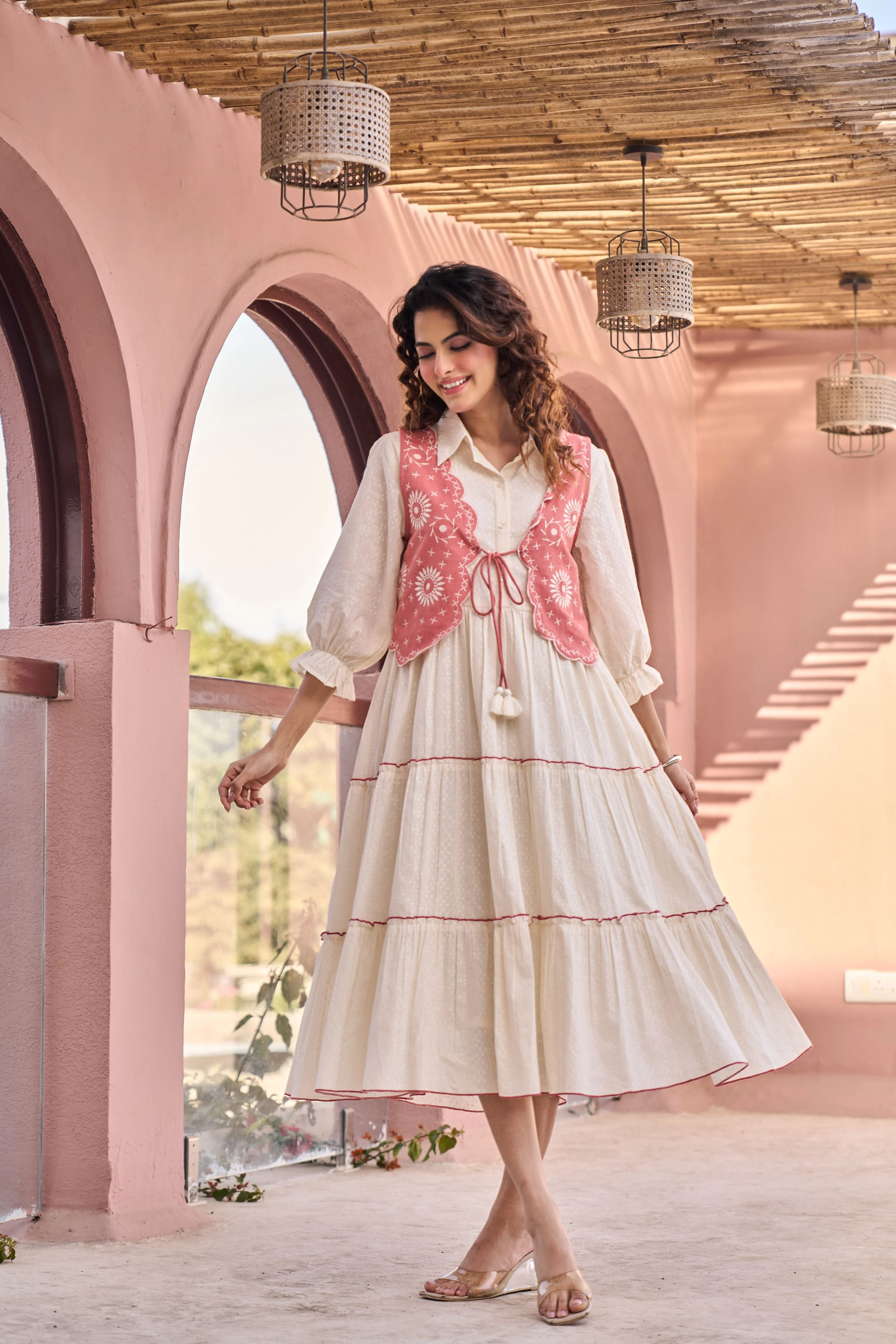 Boho Blush Cotton Midi Flared Dress - Image 3