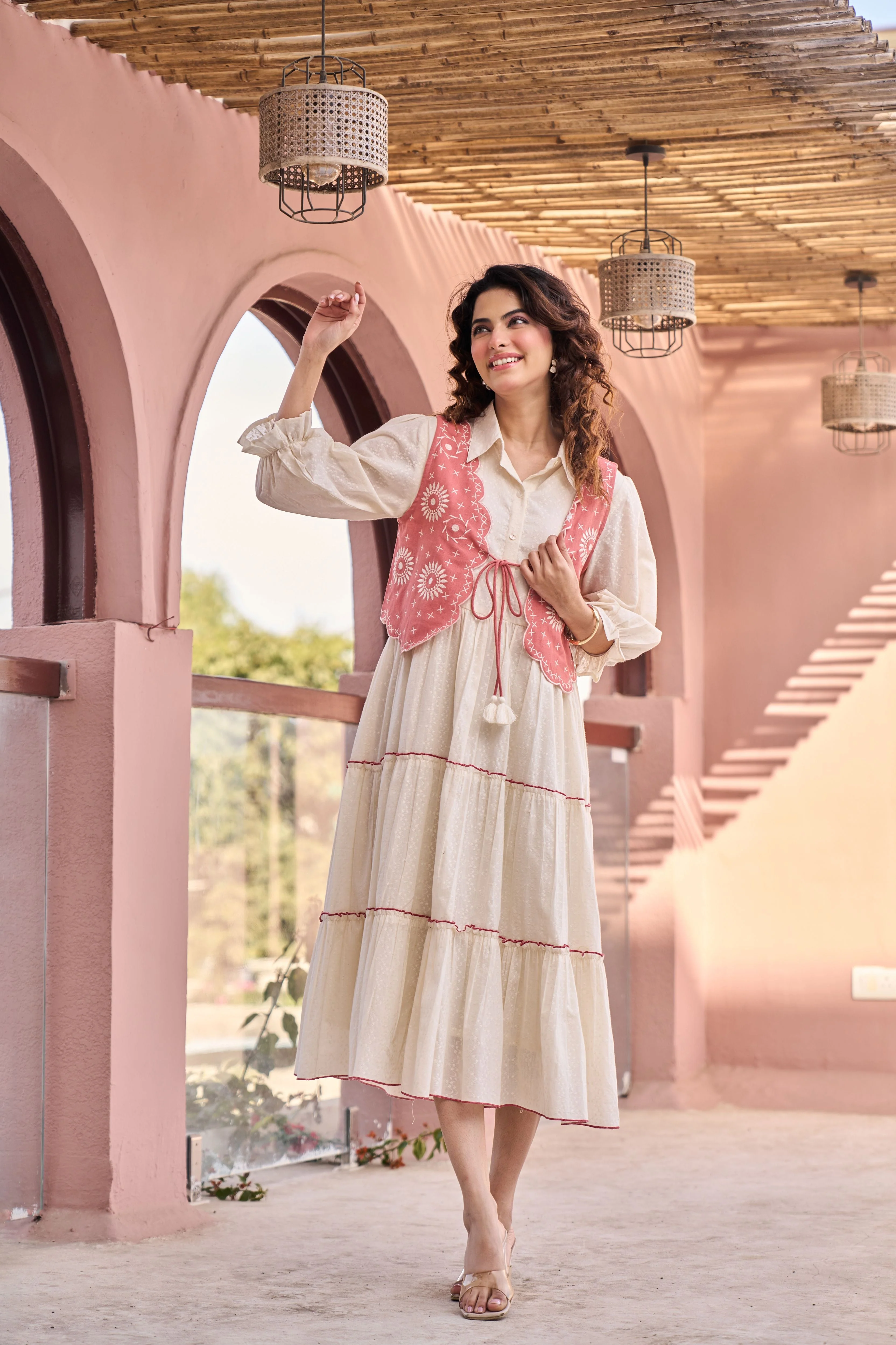 Boho Blush Cotton Midi Flared Dress - Image 5
