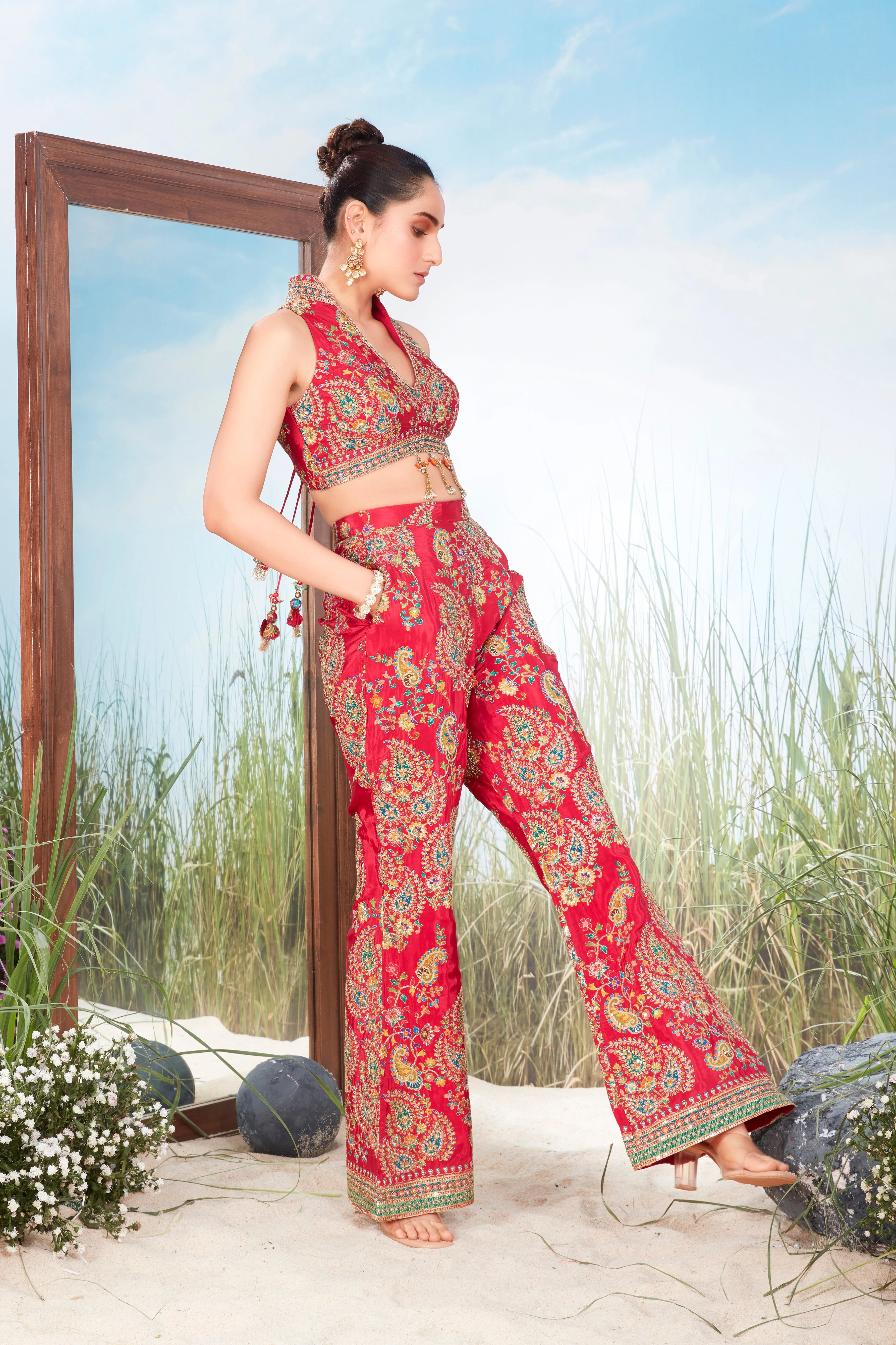 Classic Red Printed Crepe Silk Co-Ord Set - Image 2