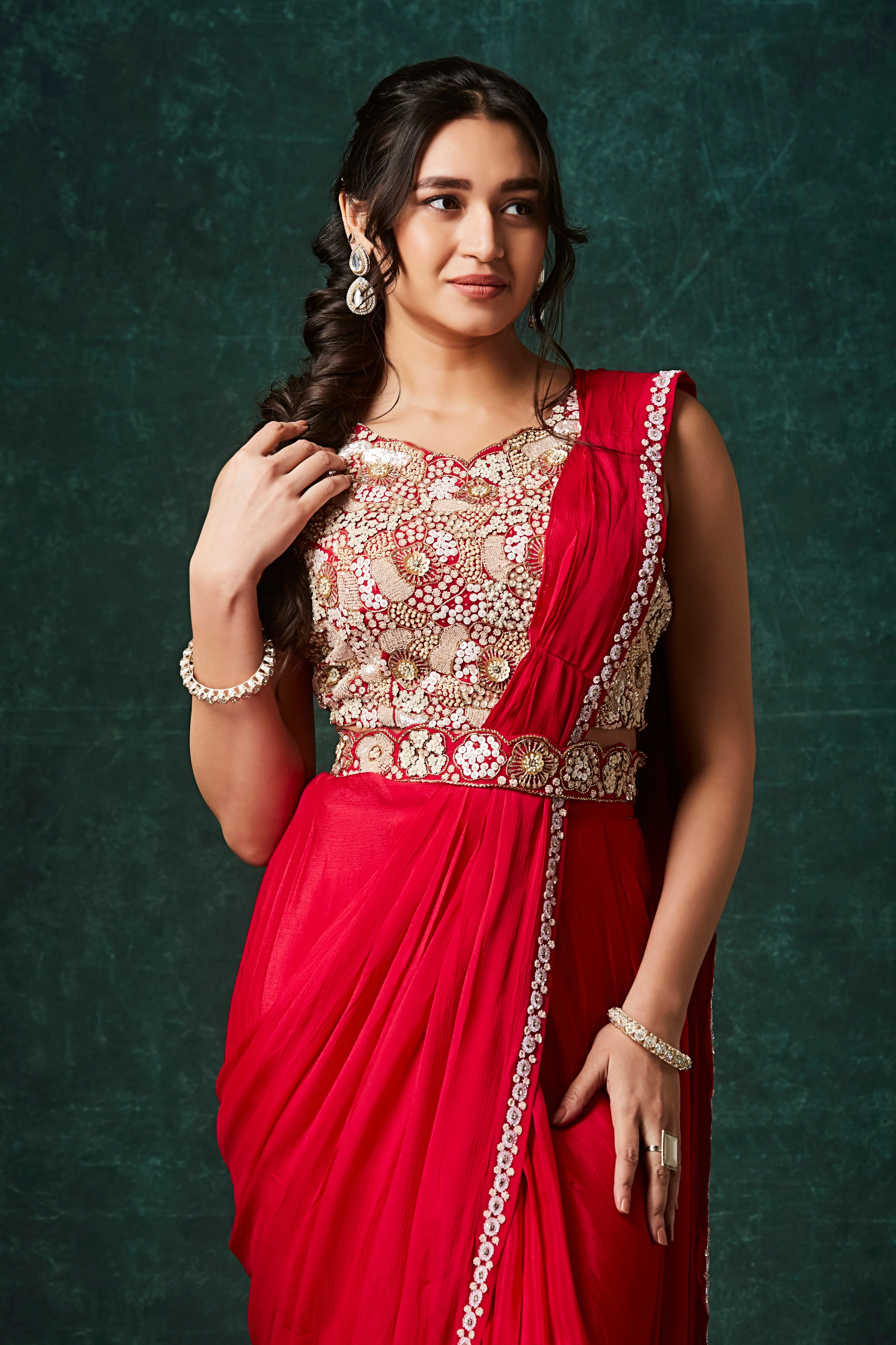 Bold Red Embellished Chinon Silk Drape Saree - Image 2