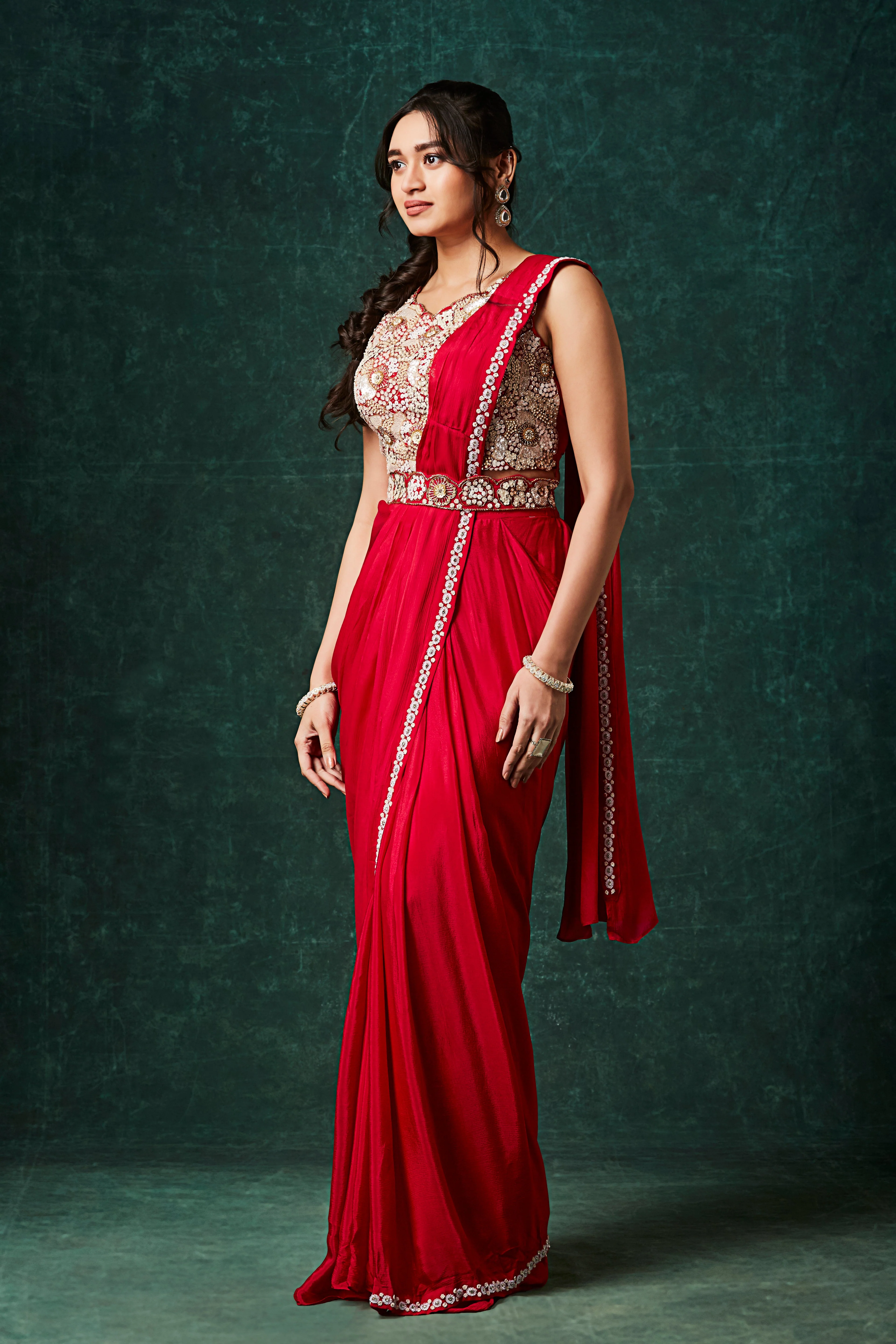 Bold Red Embellished Chinon Silk Drape Saree - Image 3