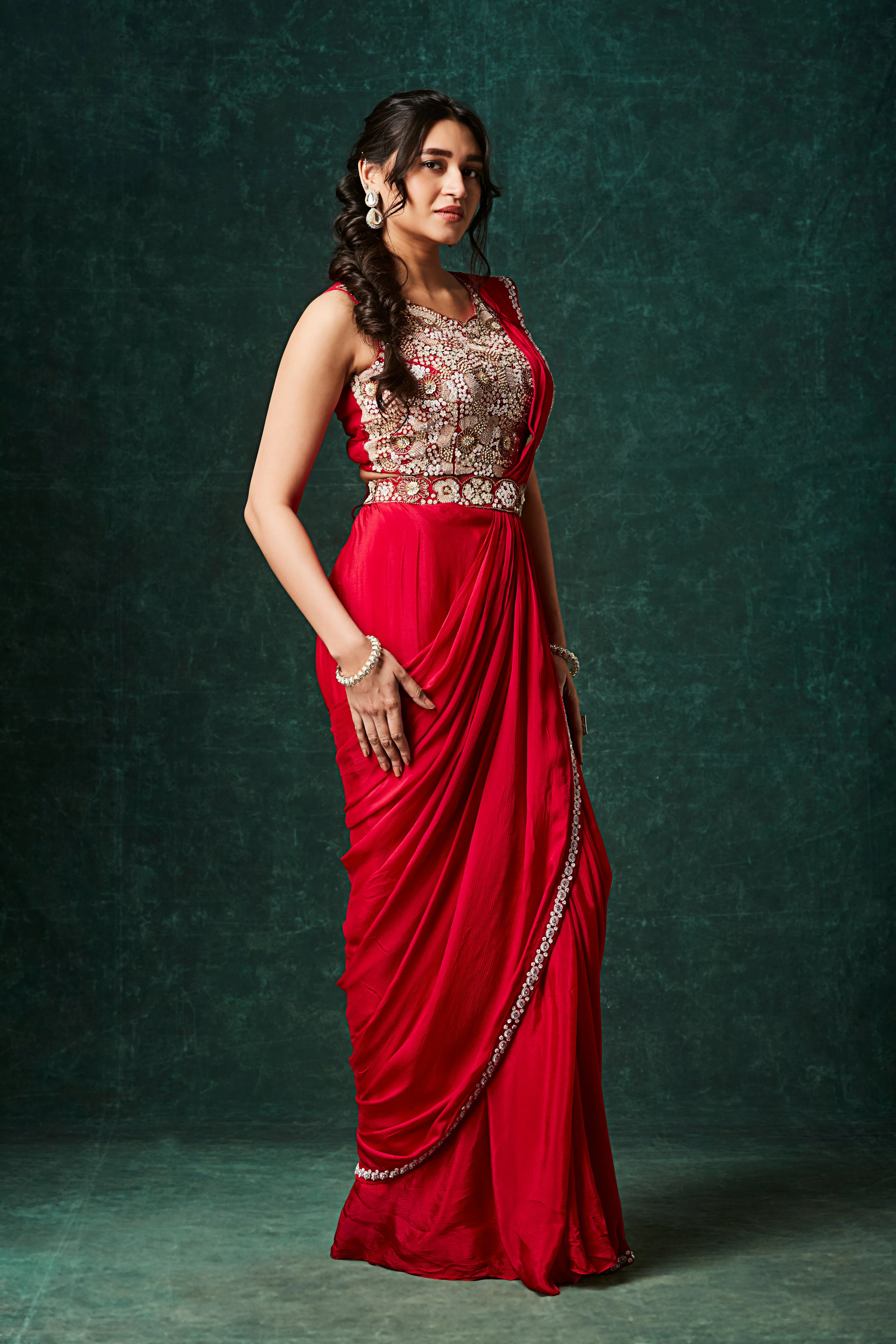 Bold Red Embellished Chinon Silk Drape Saree - Image 4