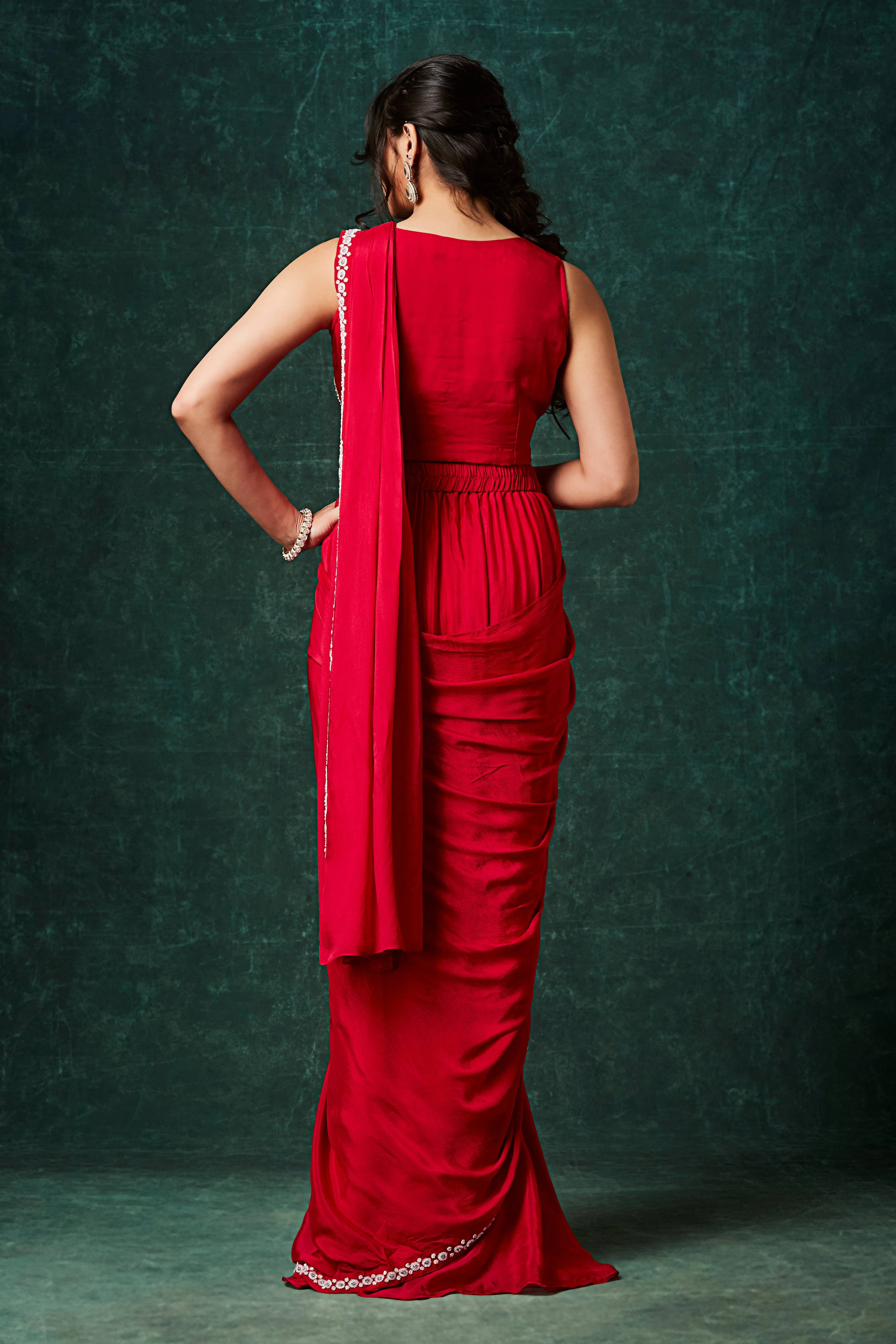 Bold Red Embellished Chinon Silk Drape Saree - Image 5