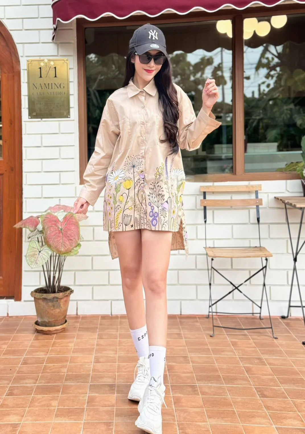Khaki Beige Wildflower Meadow Cotton Shirt Dress - Image 3